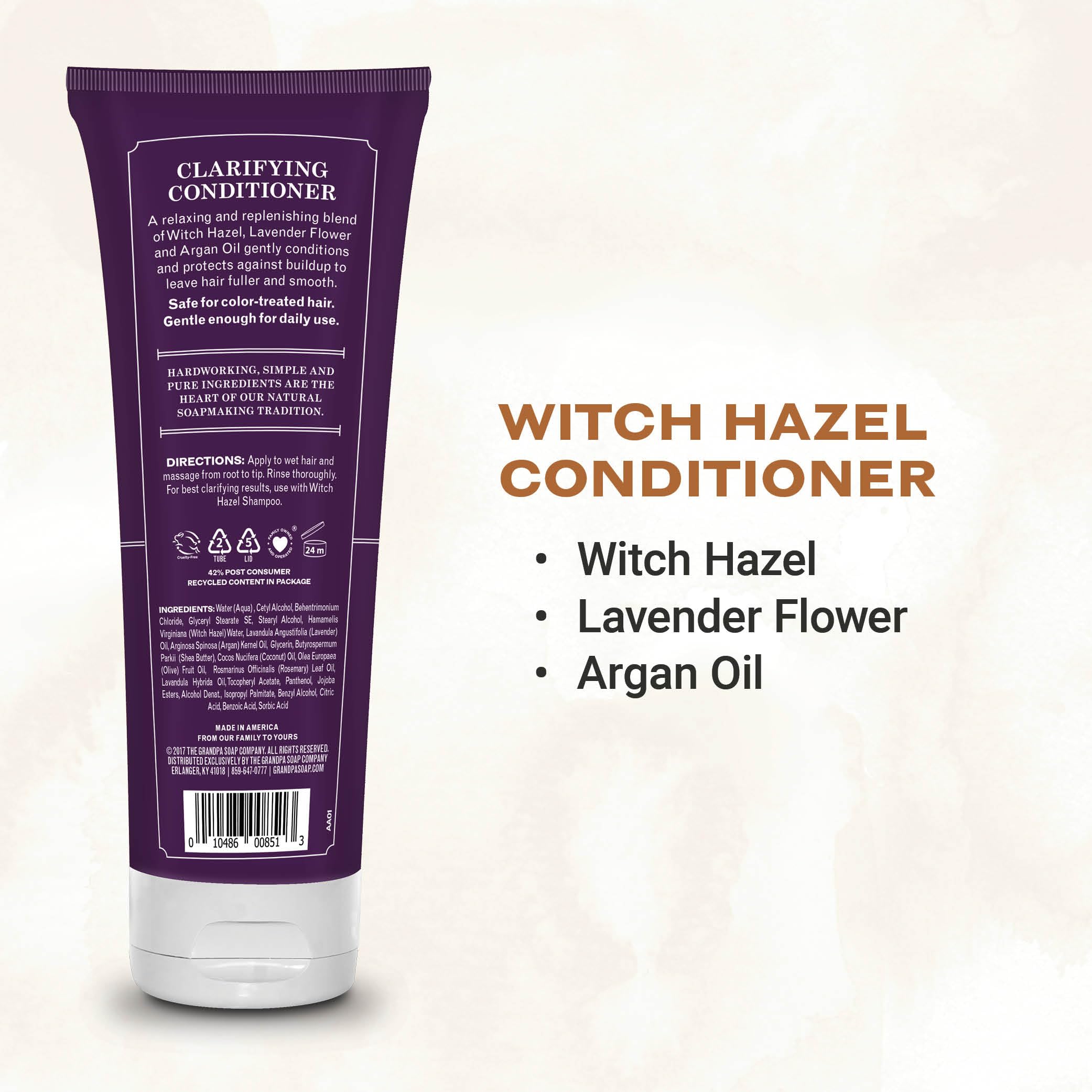 The Grandpa Soap Company clarifying witch hazel conditioner scalp-massage scene shows deep cleansing benefits.
