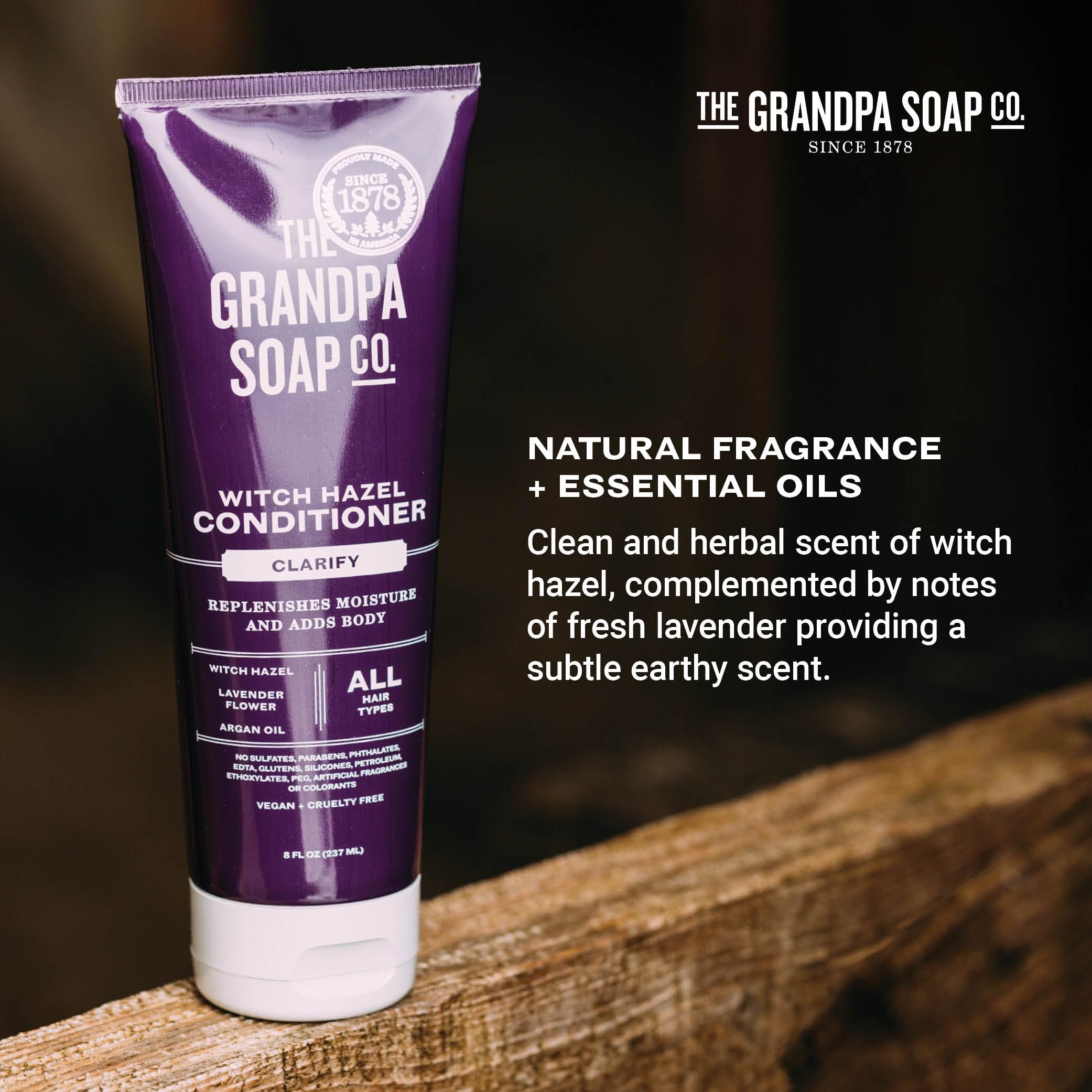 Tube of The Grandpa Soap Company conditioner highlights eco-friendly packaging and sustainability.