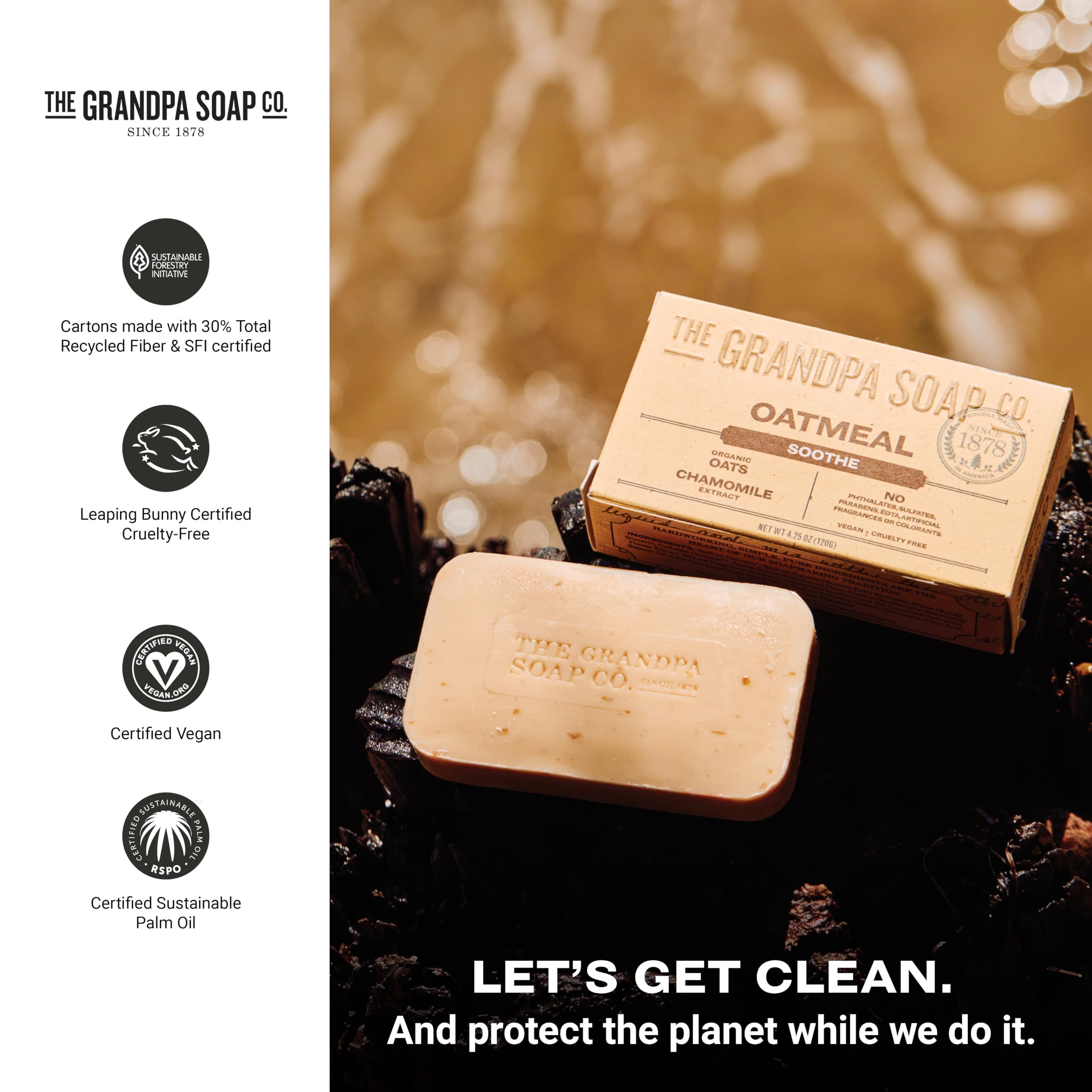 The Grandpa Soap Company Oatmeal Bar Soap 3-pack display offers family-friendly cleansing routine.