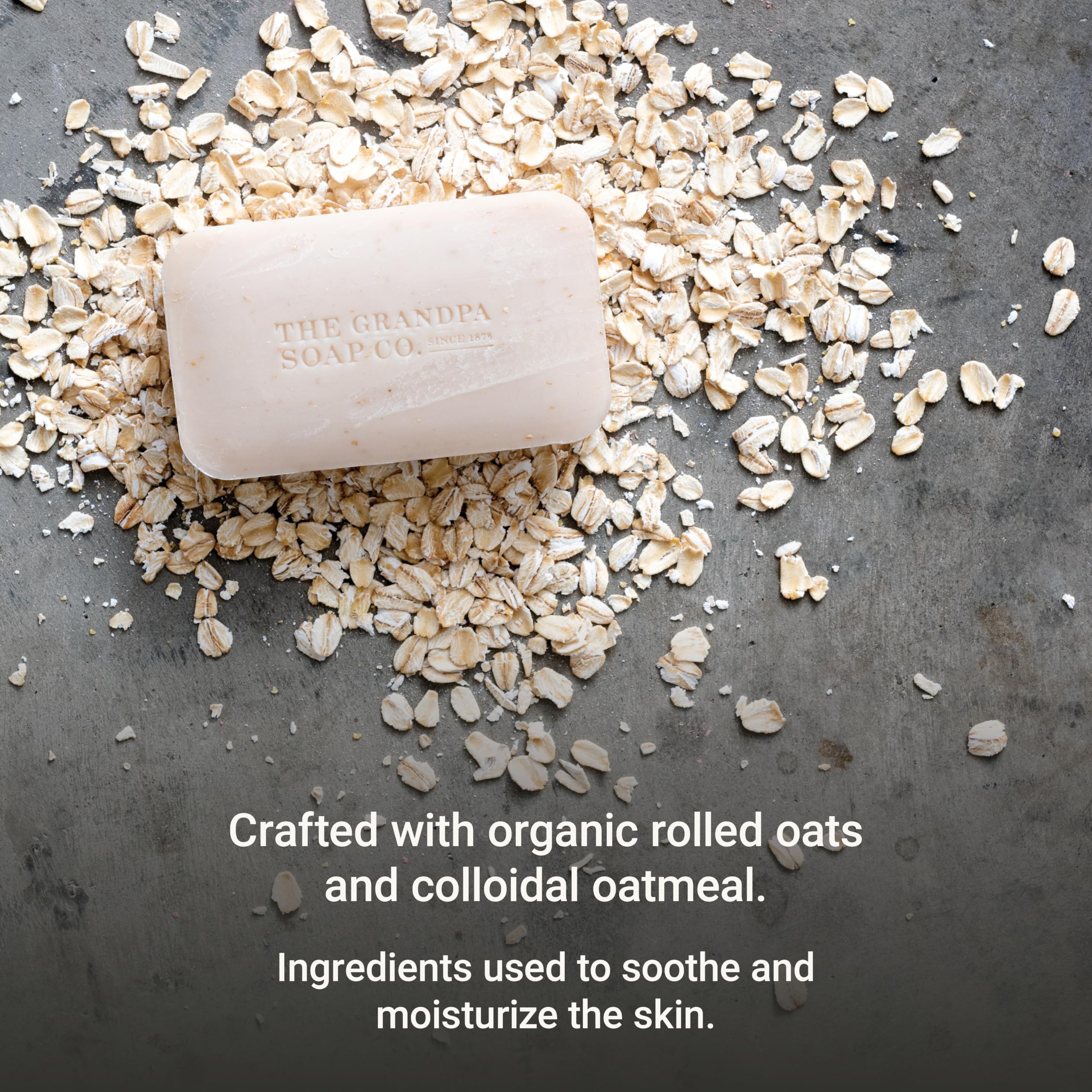 The Grandpa Soap Company Oatmeal Bar Soap chamomile extract visible for calming, gentle cleansing.