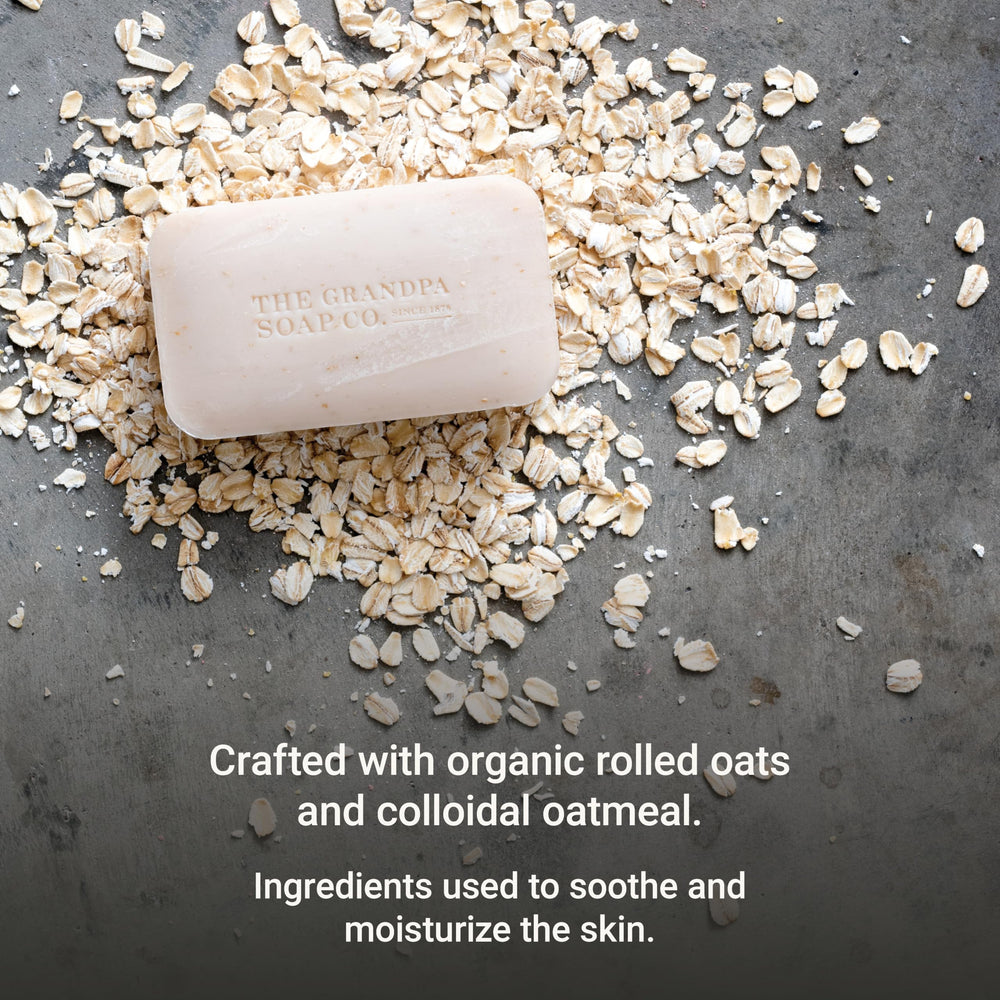 The Grandpa Soap Company Oatmeal Bar Soap chamomile extract visible for calming, gentle cleansing.
