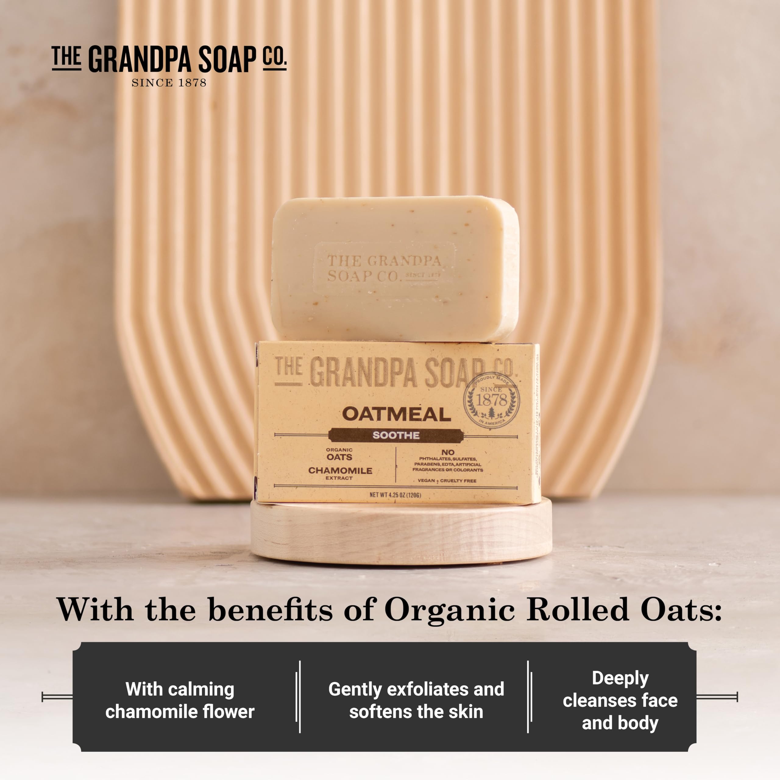 The Grandpa Soap Company Oatmeal Bar Soap lathering on skin for cleansing and softening.