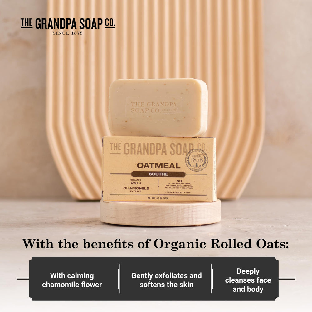 The Grandpa Soap Company Oatmeal Bar Soap lathering on skin for cleansing and softening.