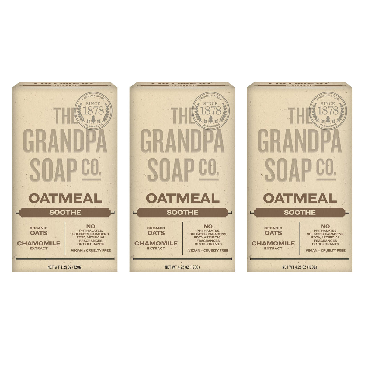 The Grandpa Soap Company Oatmeal Bar Soap packaging highlights organic oats for gentle cleansing.