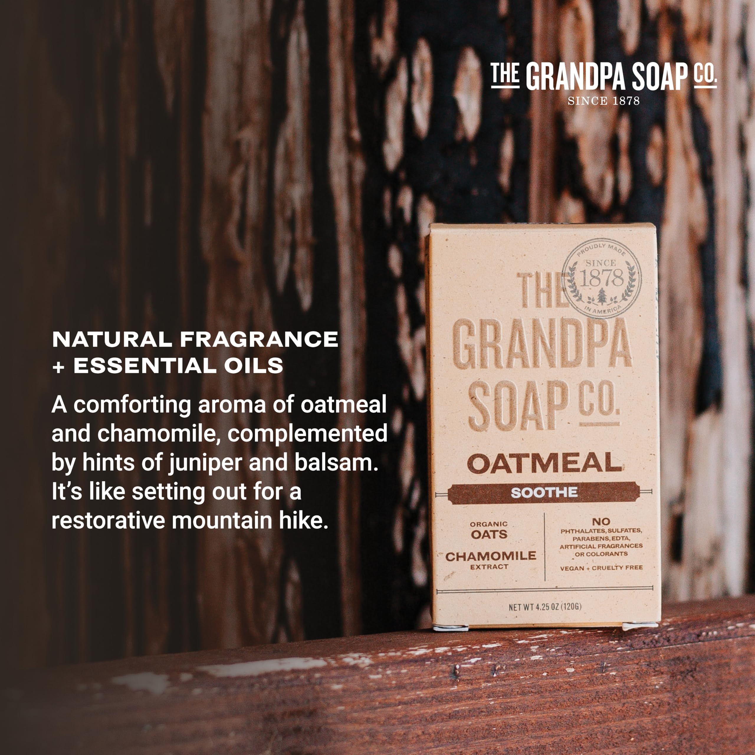 The Grandpa Soap Company Oatmeal Bar Soap resting on sink demonstrates daily-use utility.