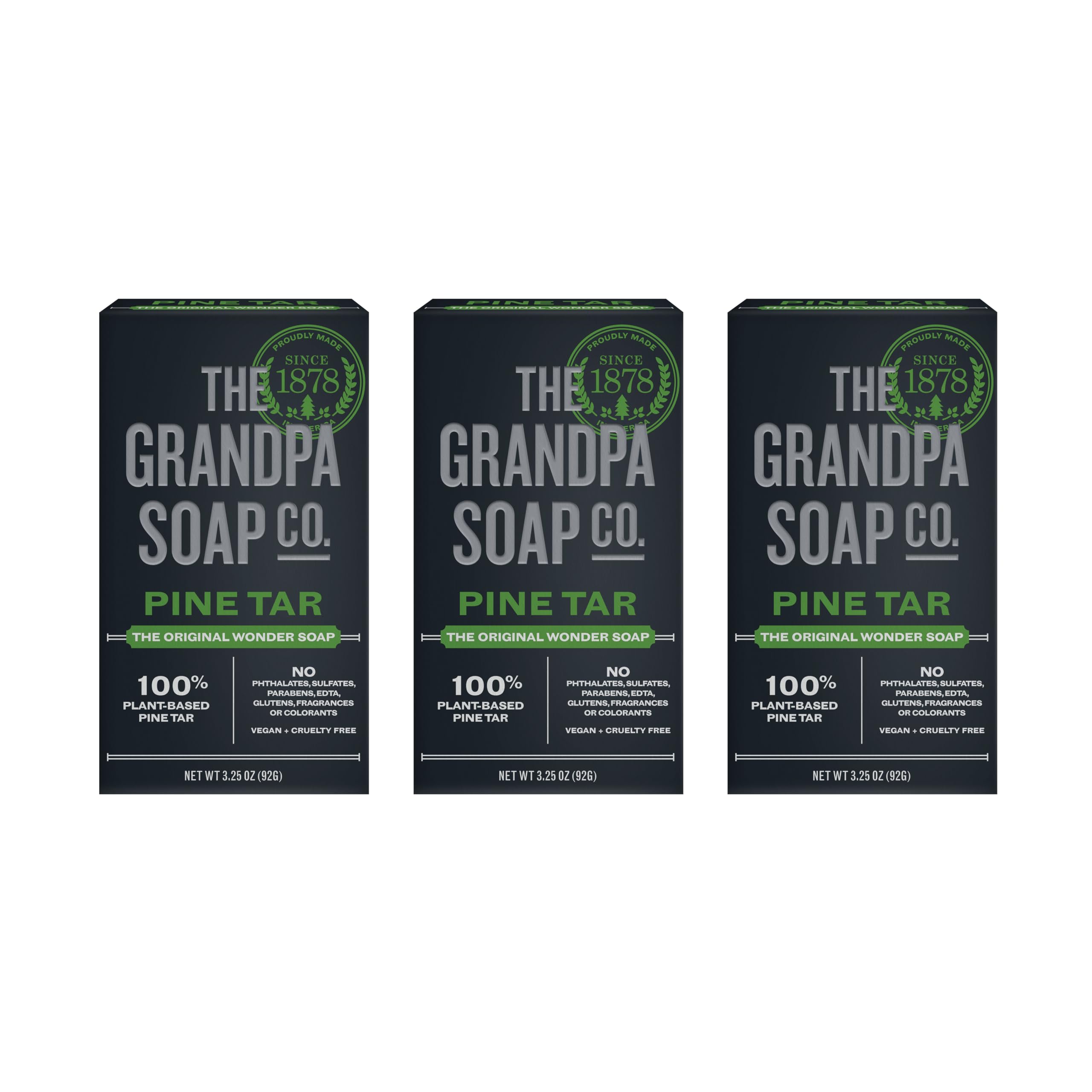 The Grandpa Soap Company Pine Tar Bar pack-shot shows a 3-pack for easy daily cleansing.