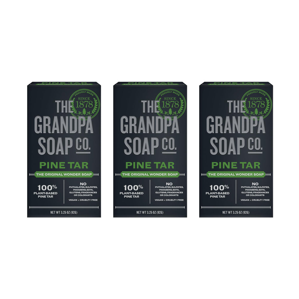 The Grandpa Soap Company Pine Tar Bar pack-shot shows a 3-pack for easy daily cleansing.