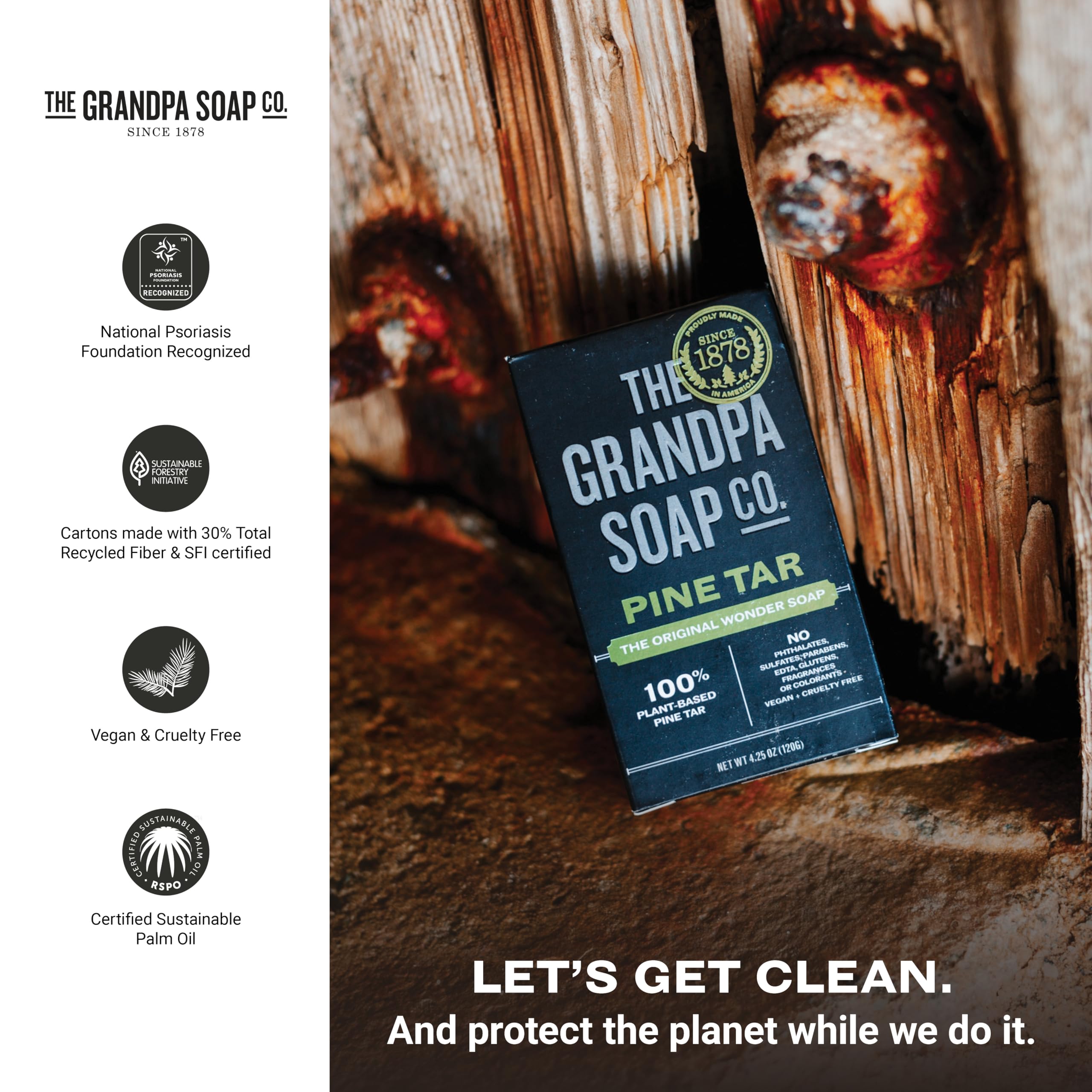 The Grandpa Soap Company Pine Tar Bar is dermatologist-tested and suitable for sensitive skin.
