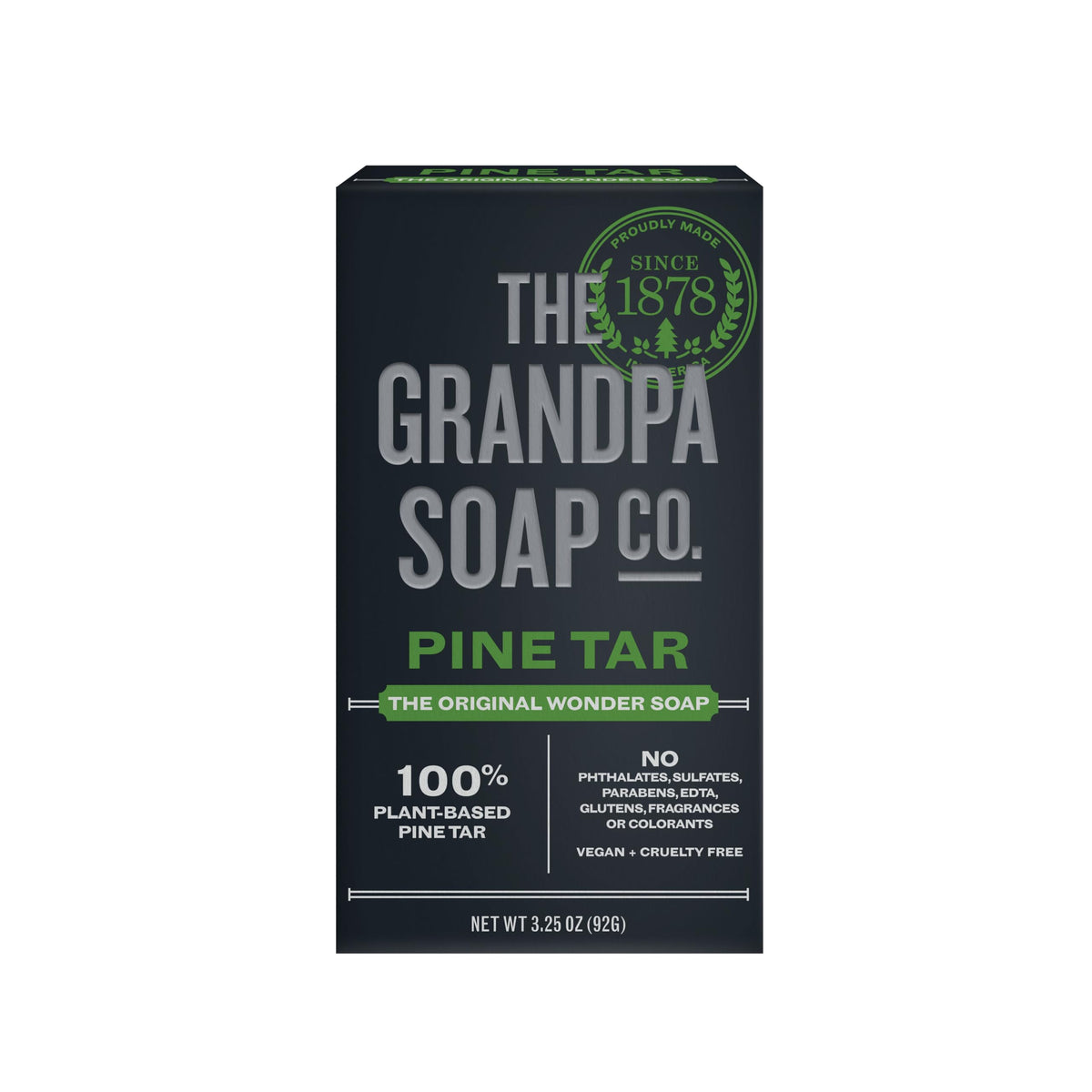 Grandpa Soap Company pine tar soap bar closeup shows rugged texture for everyday cleansing.