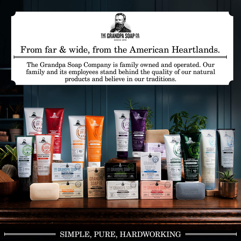Grandpa Soap Company pine tar soap bar closeup highlighting sturdy, travel-friendly medium size.