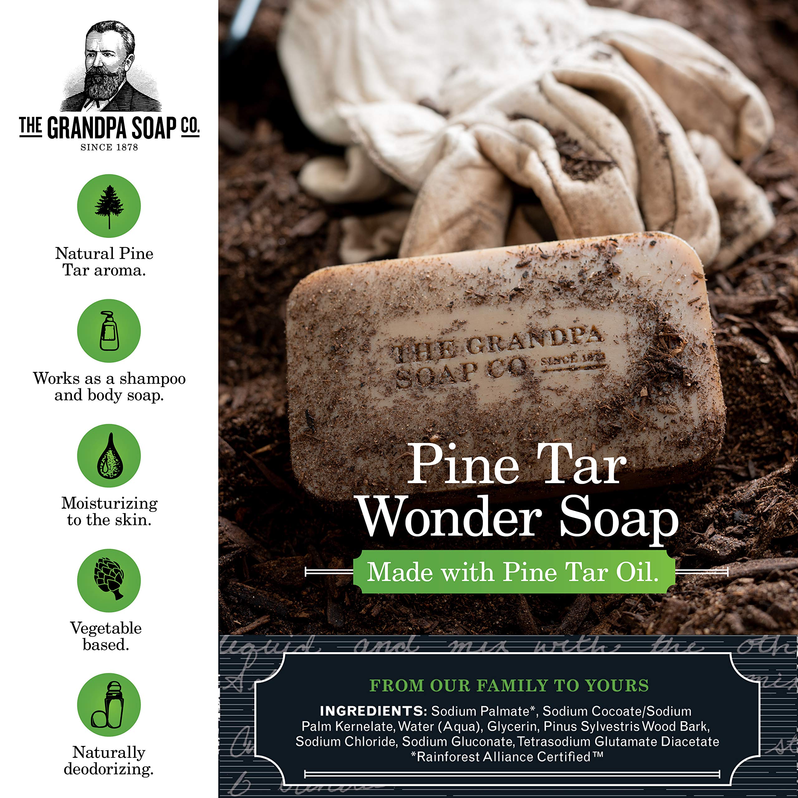 Grandpa Soap Company pine tar soap lather image demonstrates rich, creamy suds for refreshing wash.