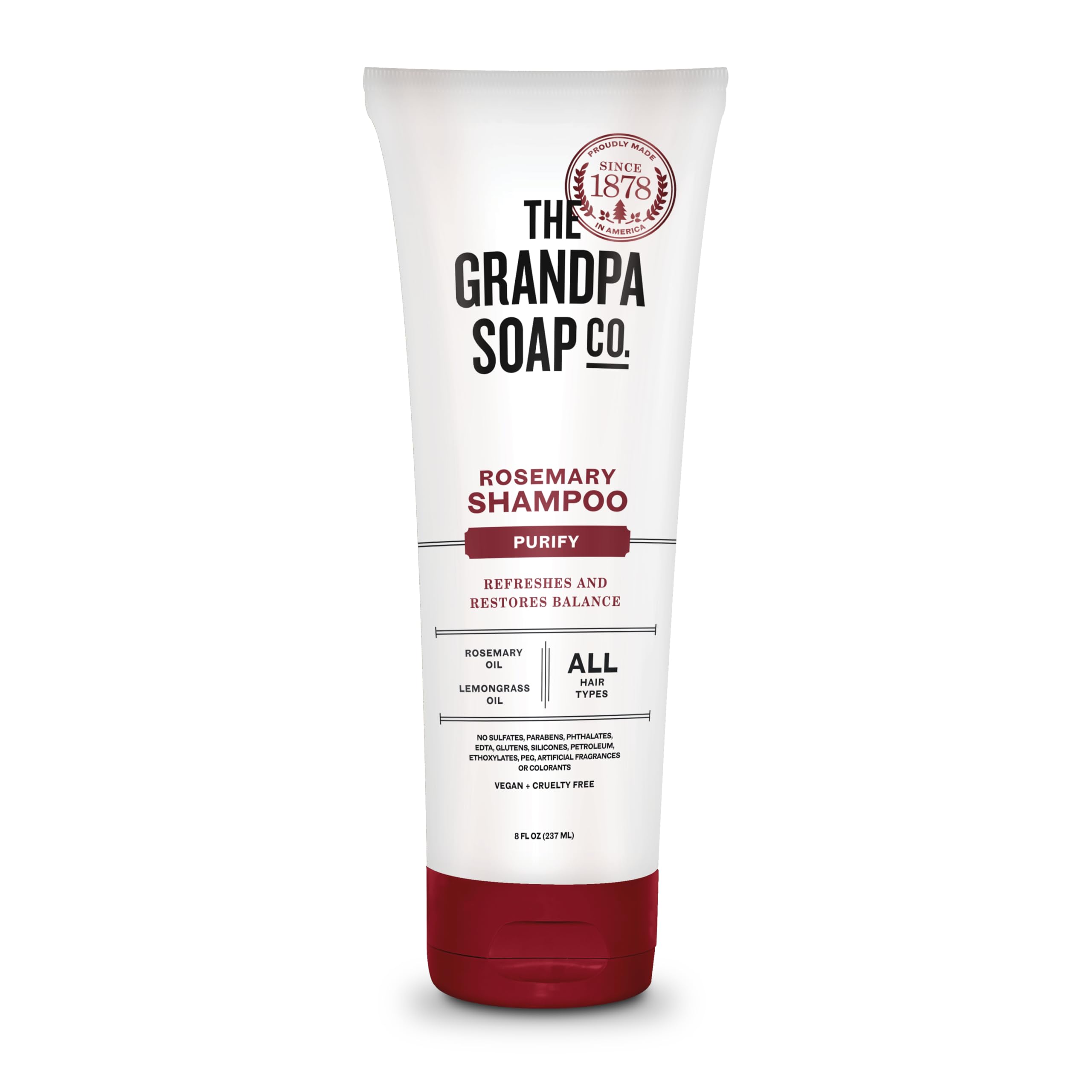 The Grandpa Soap Company rosemary-lemongrass shampoo bottle promotes clean, refreshed hair after daily use.
