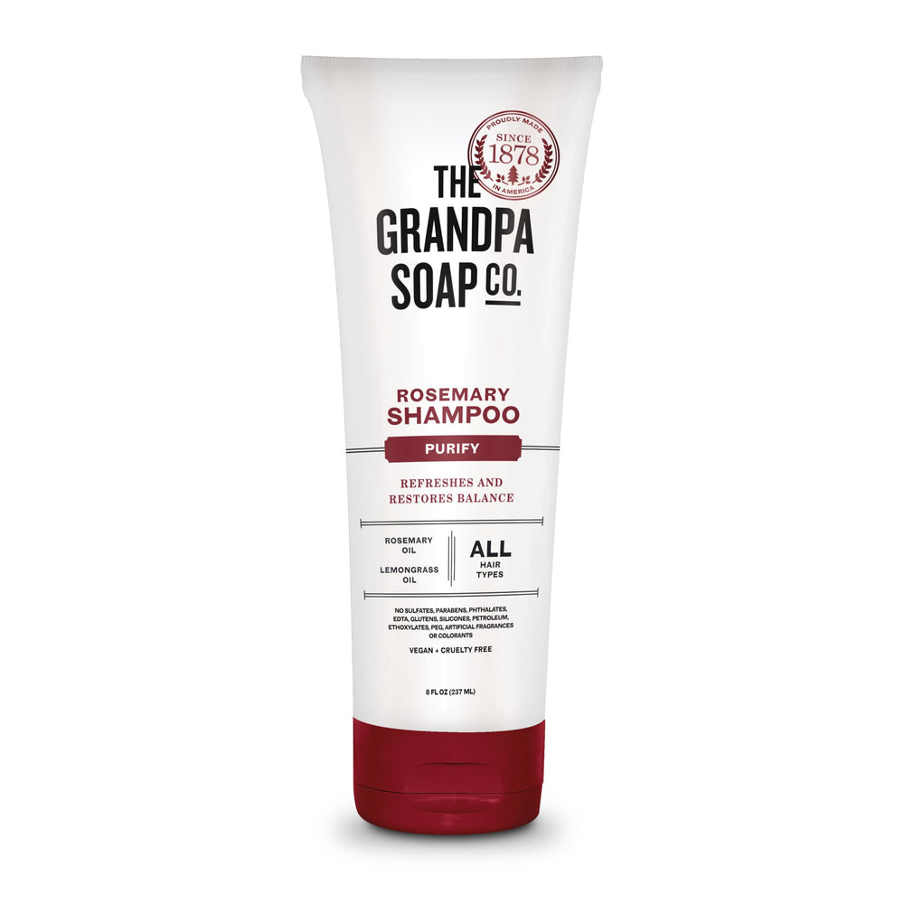 The Grandpa Soap Company rosemary-lemongrass shampoo bottle promotes clean, refreshed hair after daily use.