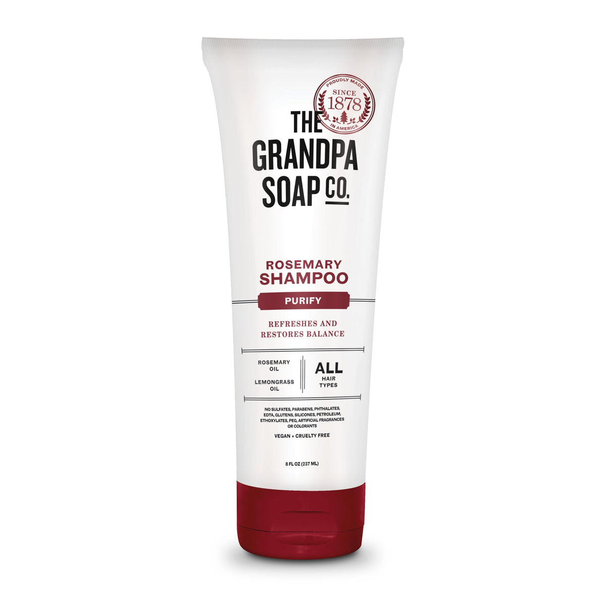The Grandpa Soap Company rosemary-lemongrass shampoo bottle promotes clean, refreshed hair after daily use.