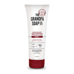 The Grandpa Soap Company rosemary-lemongrass shampoo bottle promotes clean, refreshed hair after daily use.