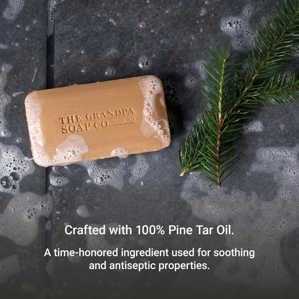 Lathering action of The Grandpa Soap Company Pine Tar Bar Soap delivers deep cleansing foam.