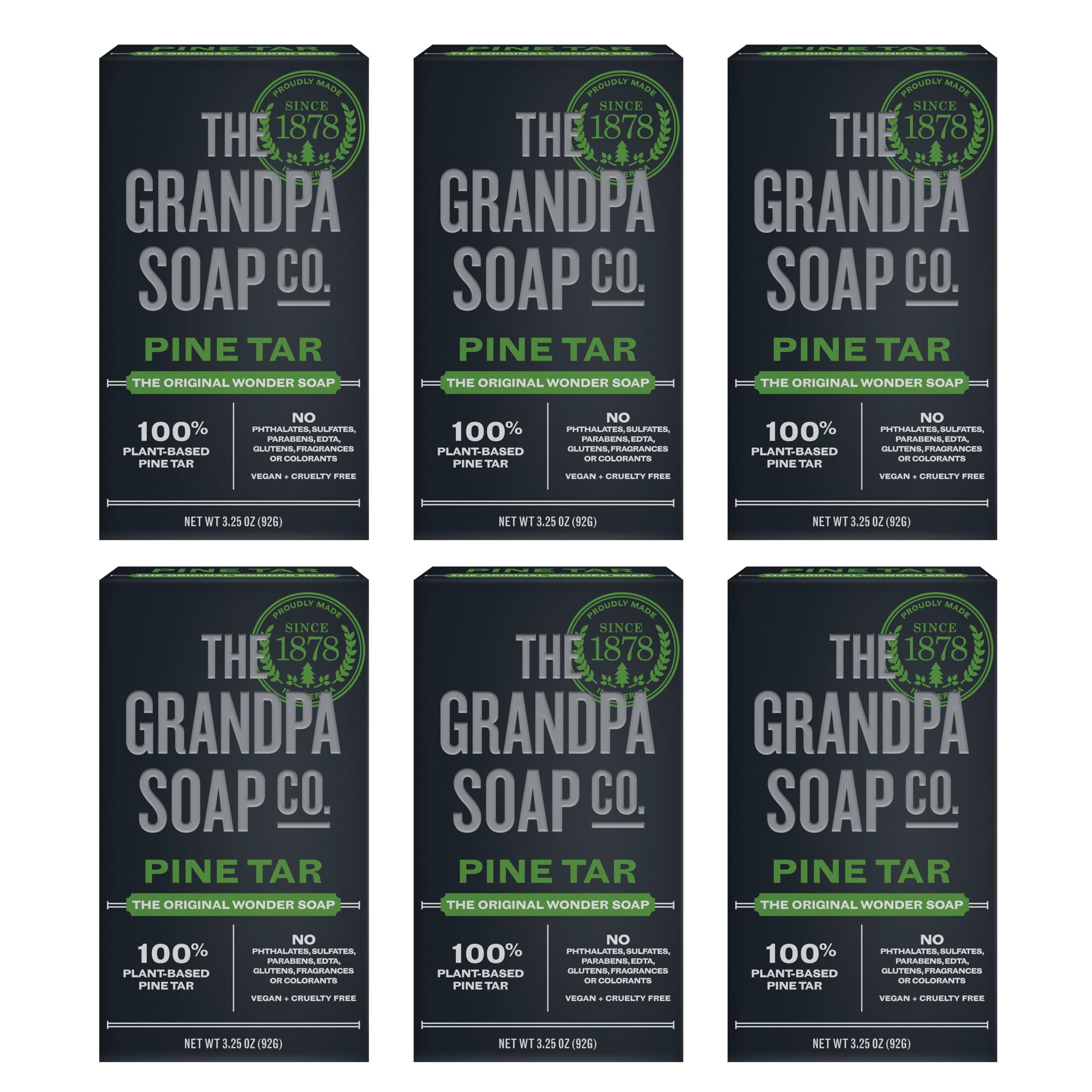 The Grandpa Soap Company Pine Tar Bar Soap pack-shot emphasizes value and long-lasting cleansing.