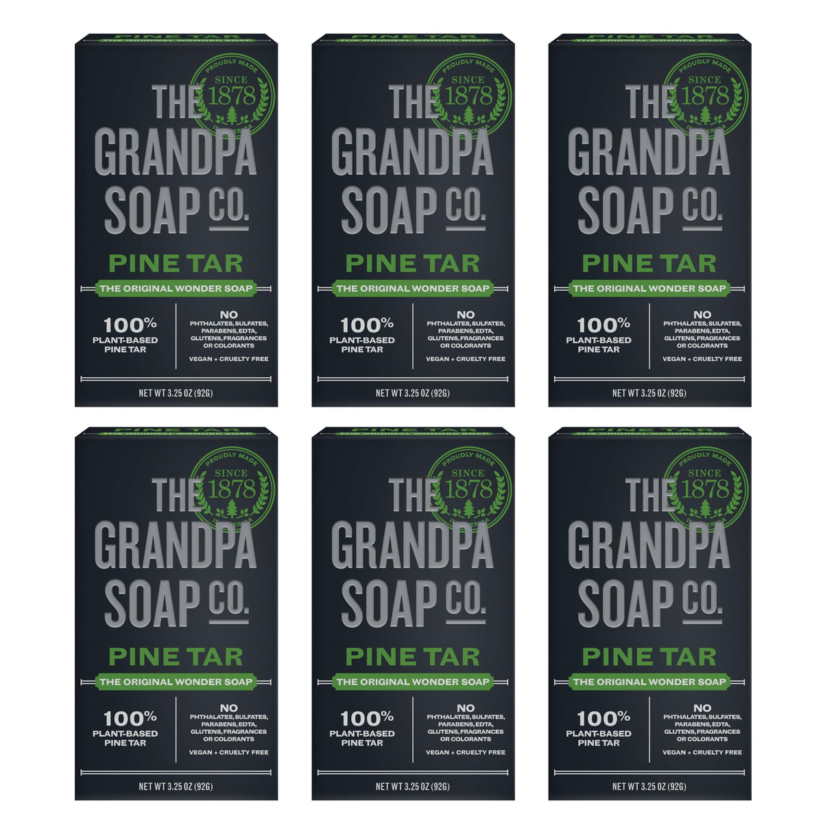 The Grandpa Soap Company Pine Tar Bar Soap pack-shot emphasizes value and long-lasting cleansing.