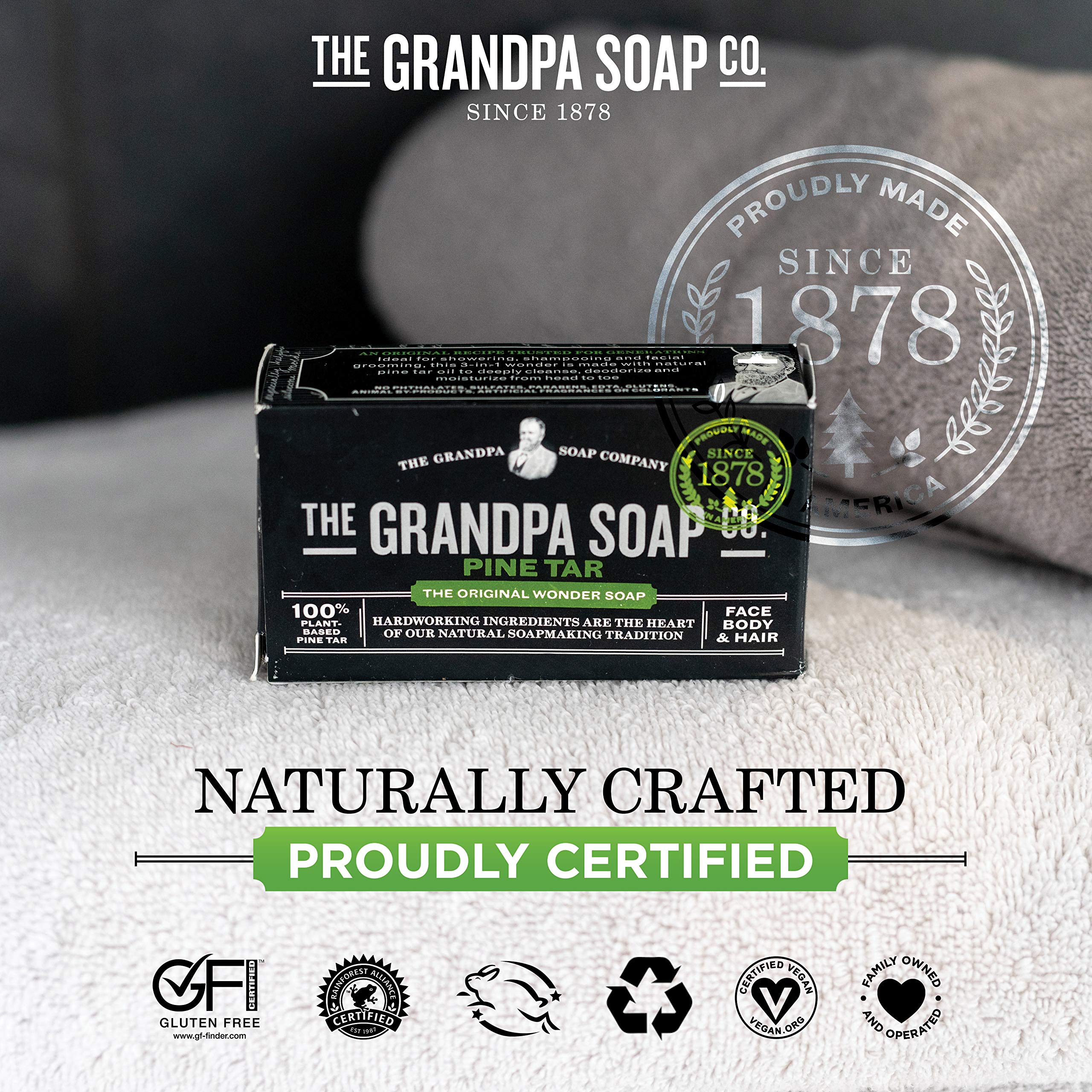 The Grandpa Soap Company pine tar soap skin application highlights gentle cleansing for irritation concerns.