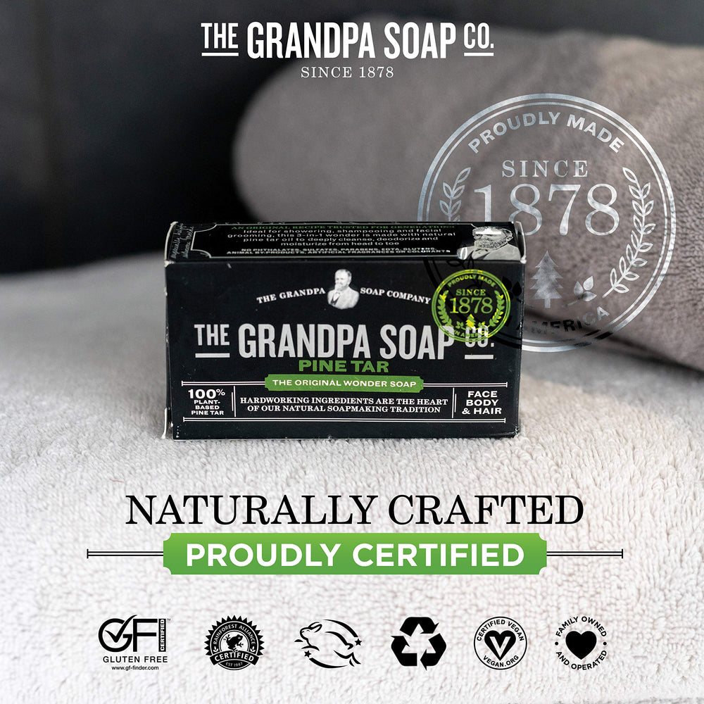 The Grandpa Soap Company pine tar soap skin application highlights gentle cleansing for irritation concerns.