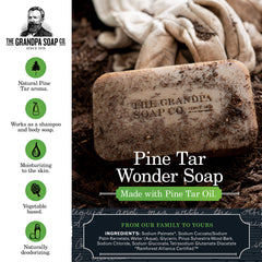 The Grandpa Soap Company pine tar soap wrapped packaging for daily cleansing with natural ingredients.