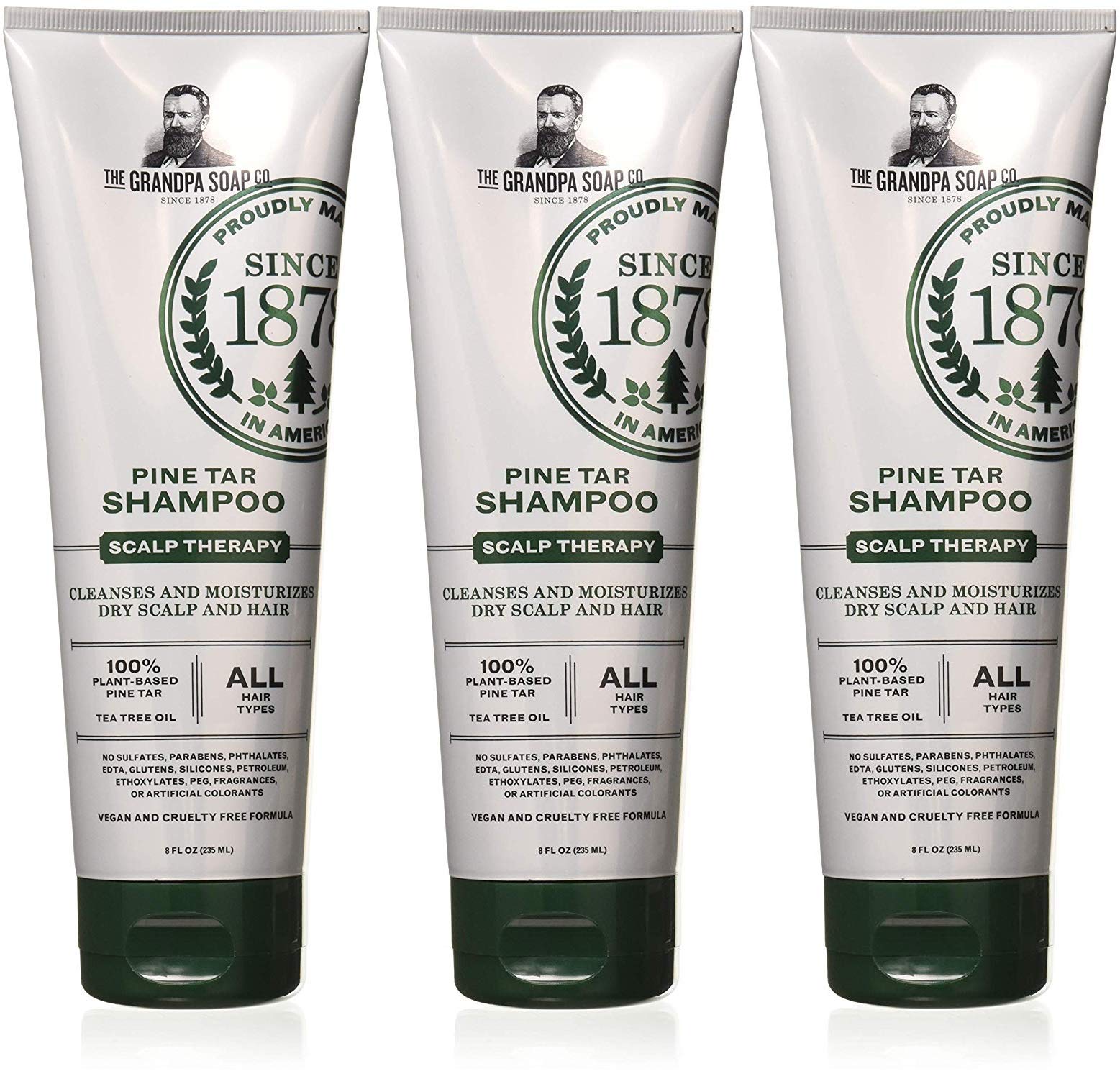 Grandpa's Pine Tar Shampoo bottle shown for regular use to soothe dry scalp
