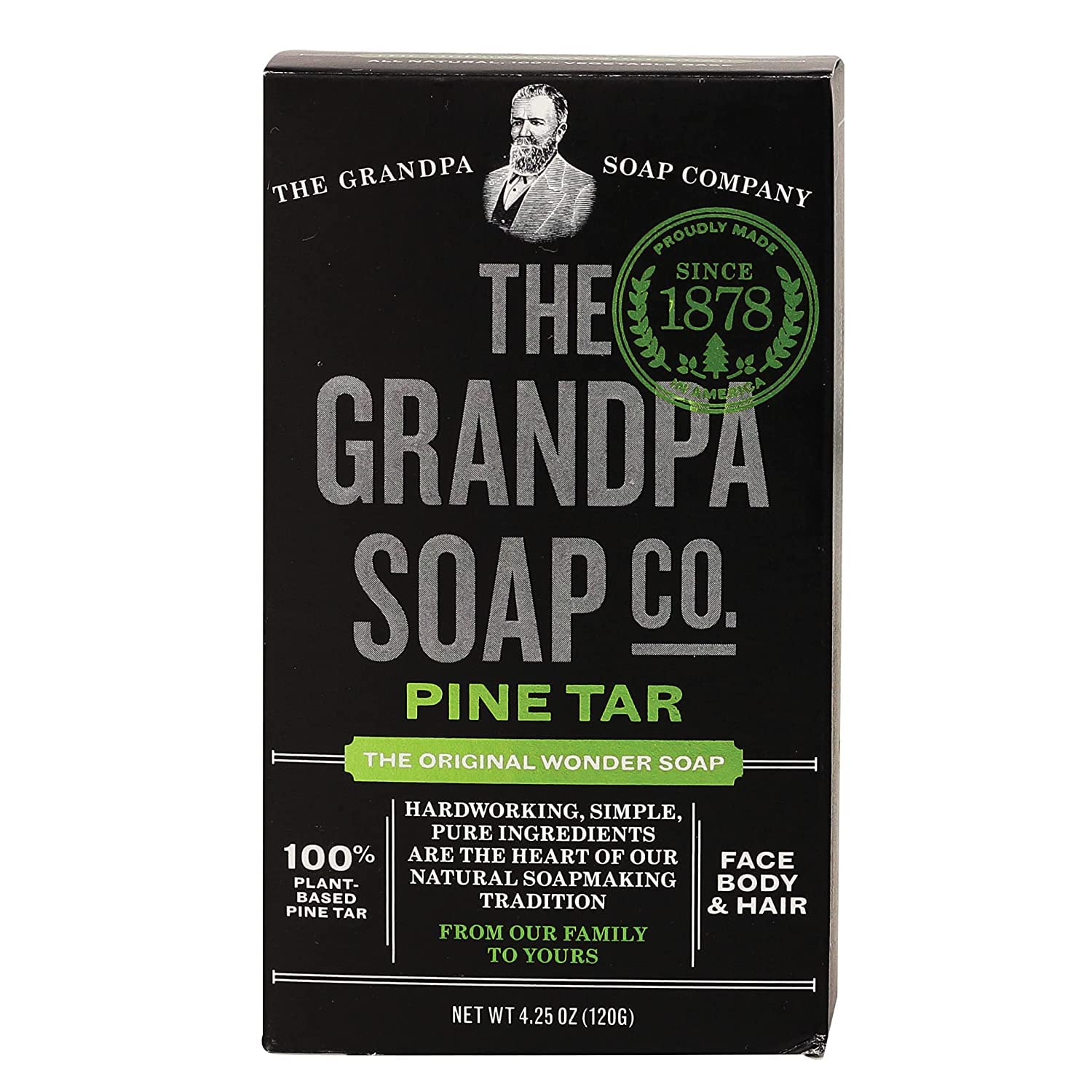 Grandpa's Pine Tar Soap bar closeup highlights rugged texture for thorough cleansing.