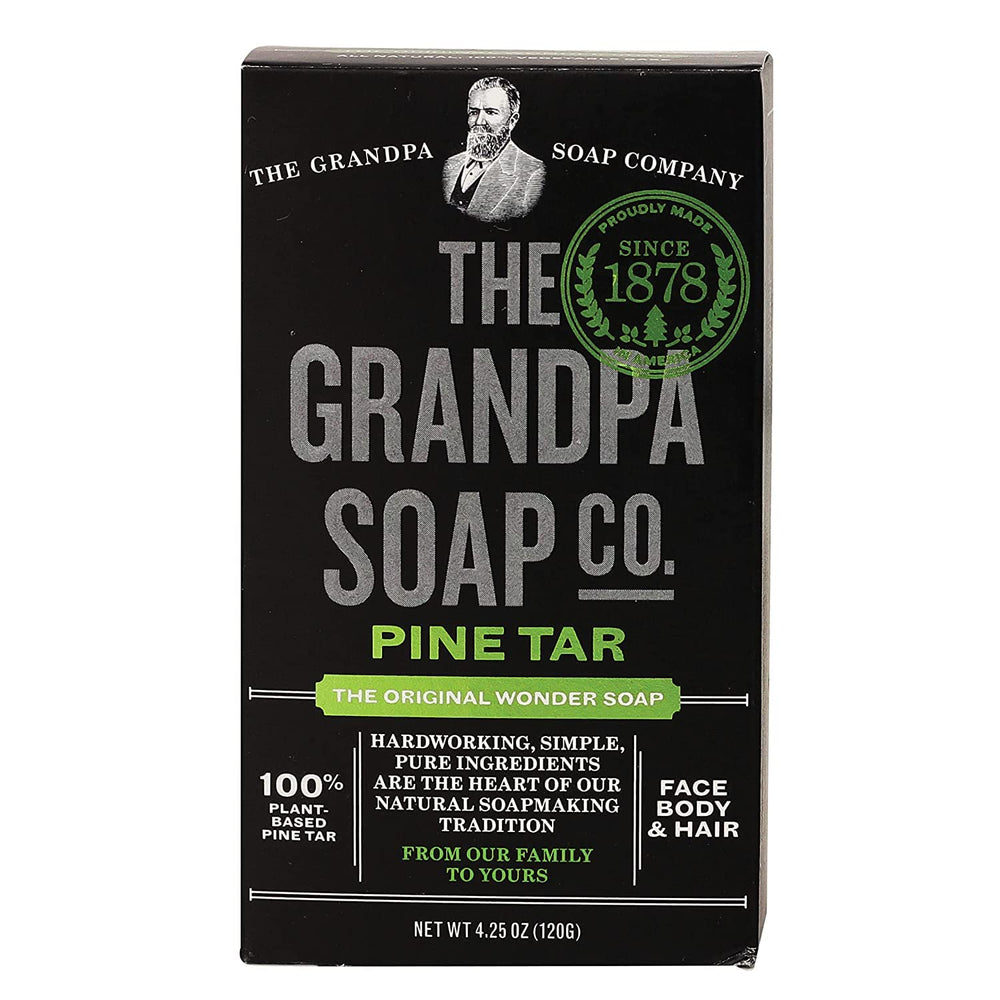 Grandpa's Pine Tar Soap bar closeup highlights rugged texture for thorough cleansing.