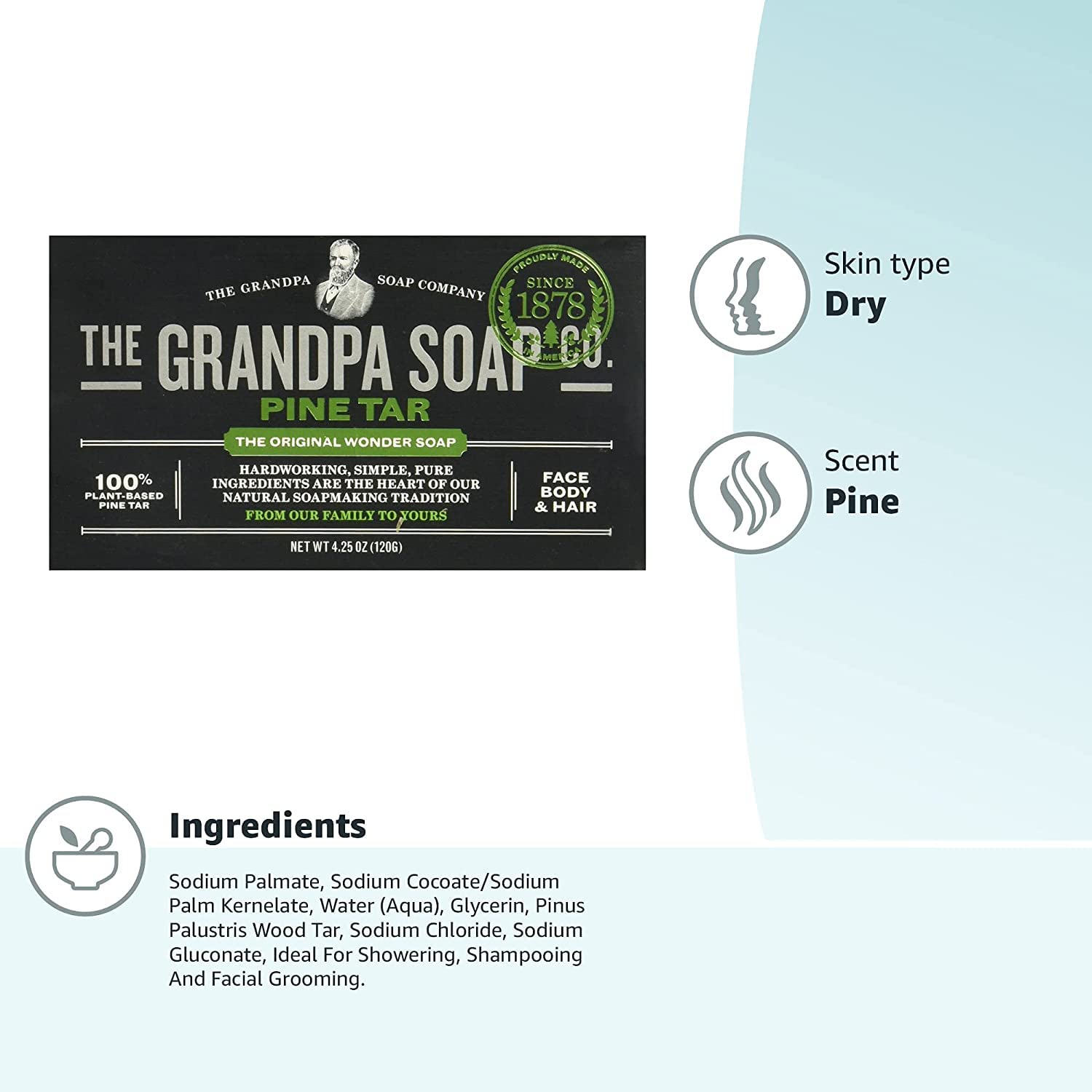 Grandpa's Pine Tar Soap ingredients-label highlights absence of harsh additives.