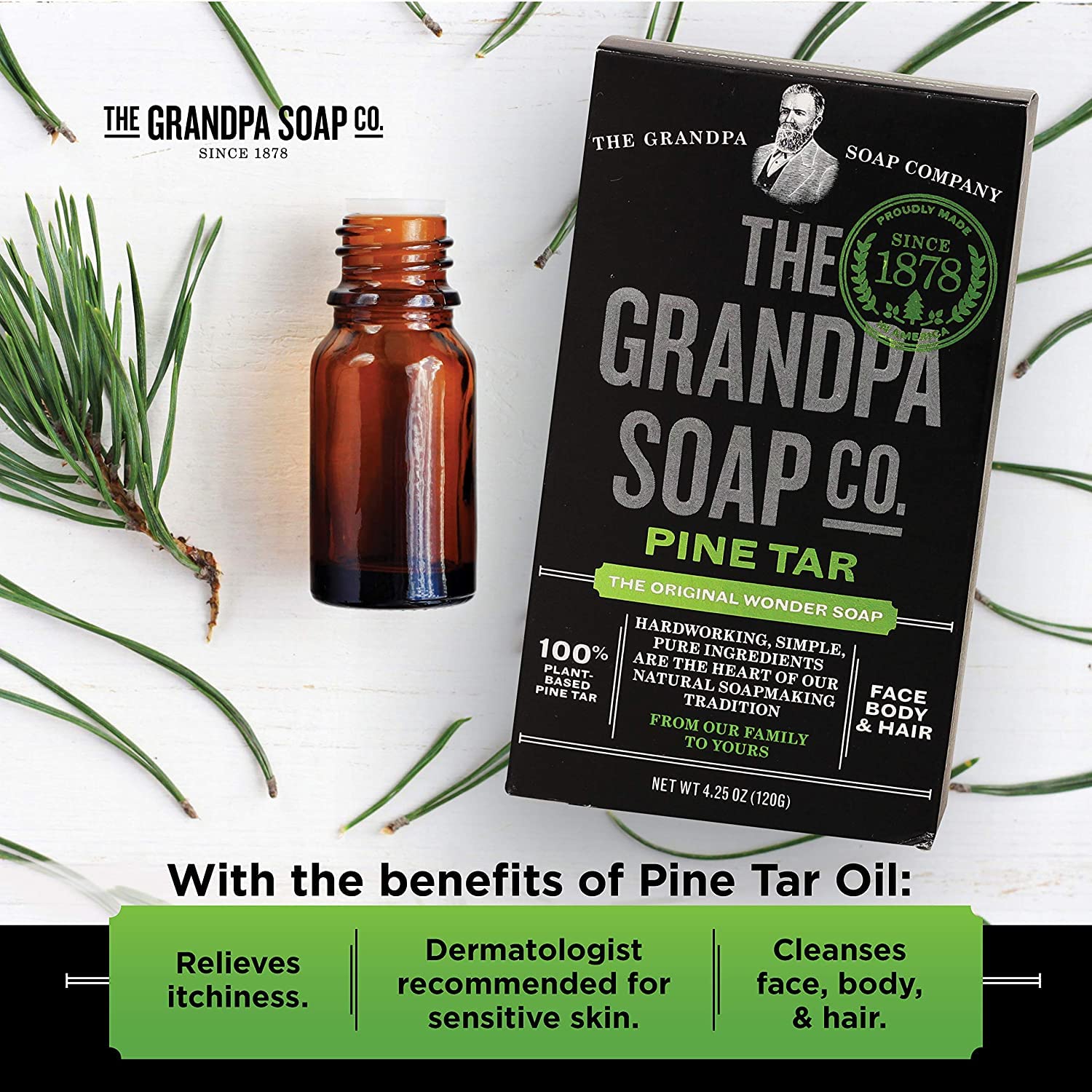 Grandpa's Pine Tar Soap wood-shelf image evokes timeless shower and bath setup.
