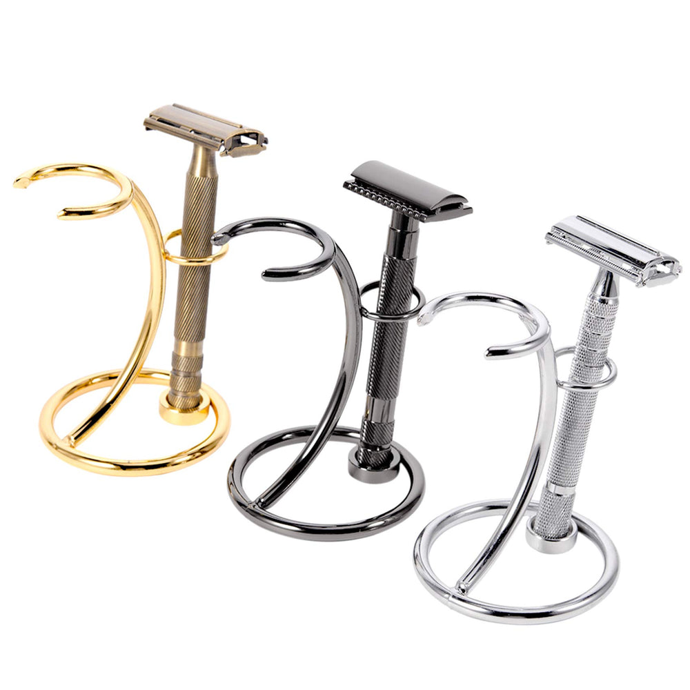 Grandslam gunmetal razor and brush stand close-up metal highlights durability and rust resistance