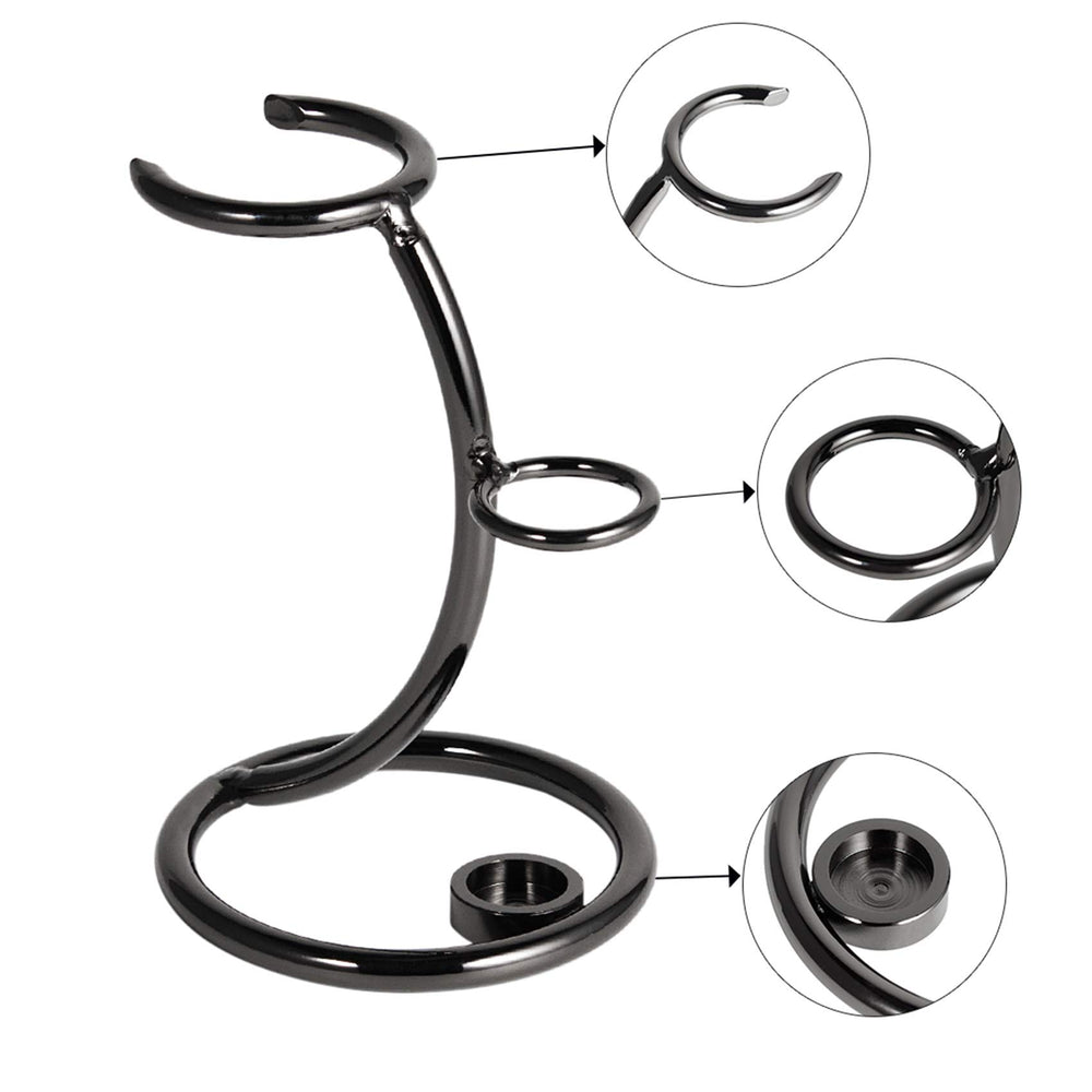 Grandslam gunmetal razor and brush stand dry-storage design promotes quick drying of accessories