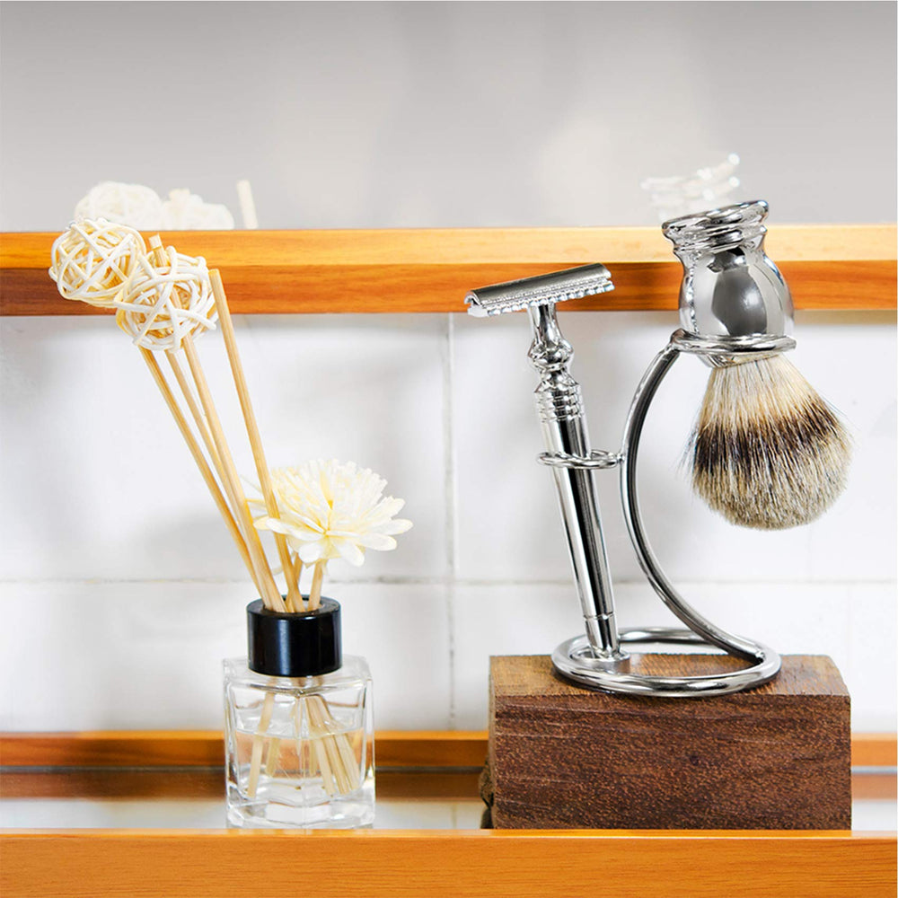 Grandslam gunmetal razor and brush stand in-use on bathroom counter keeping tools tidy