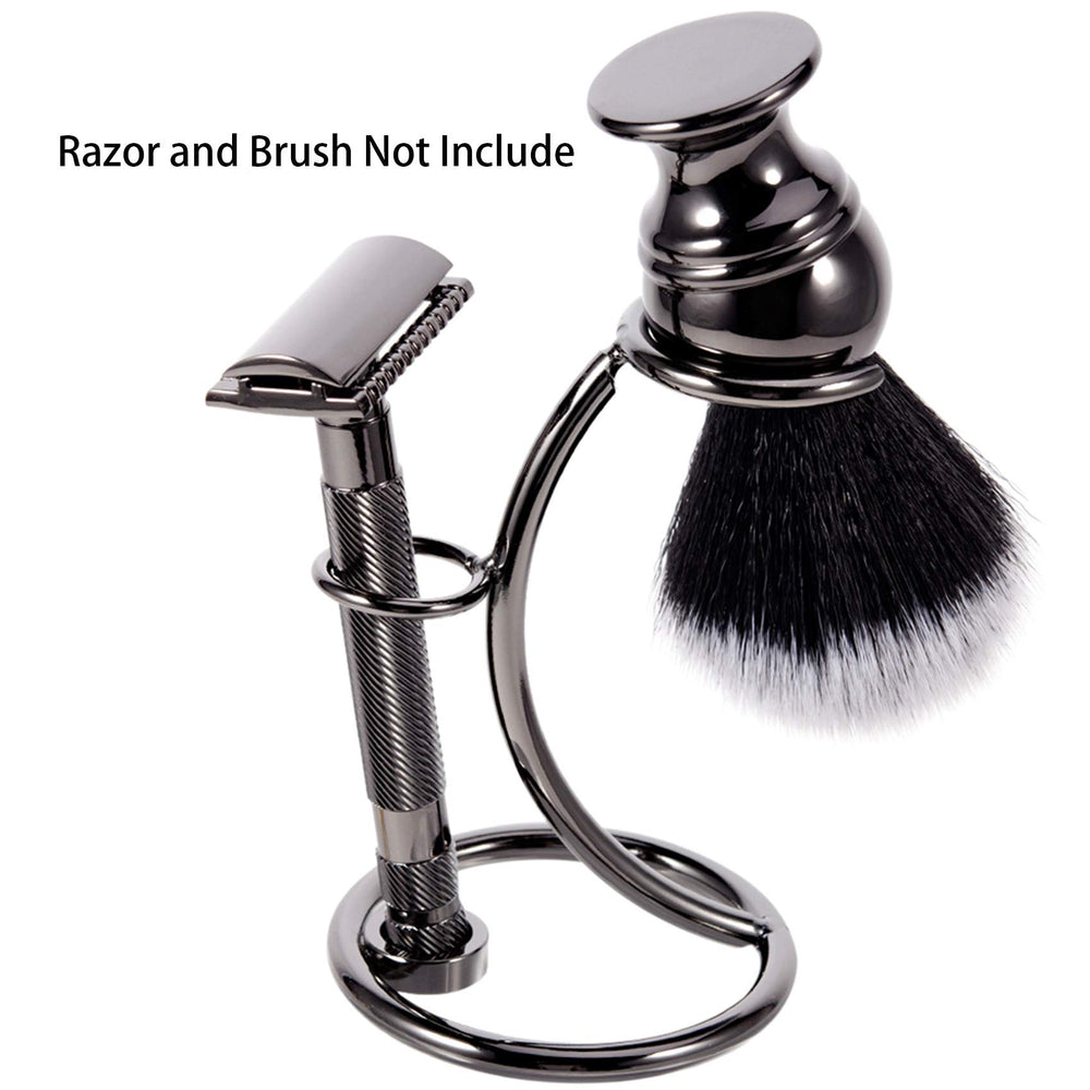 Grandslam gunmetal razor and brush stand side view shows compact design for small spaces