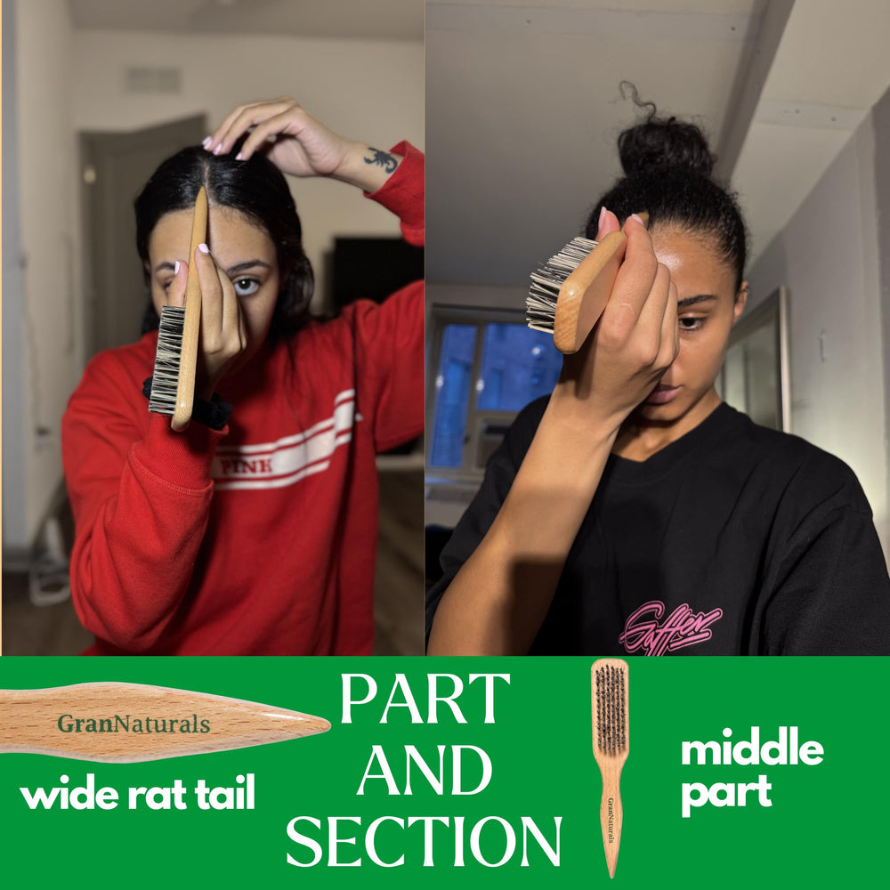 GranNaturals hard-bristle brush dense-hair smoothing shows easy detangling.