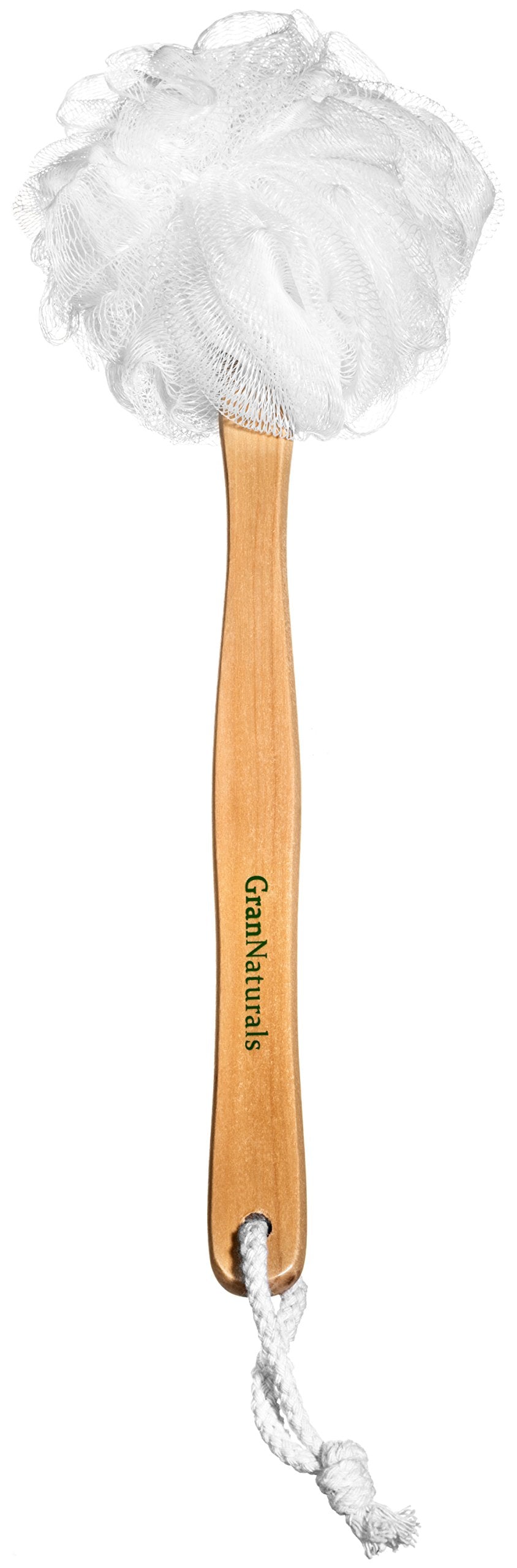 GranNaturals shower loofah on a stick with a long wooden handle for easy back access.