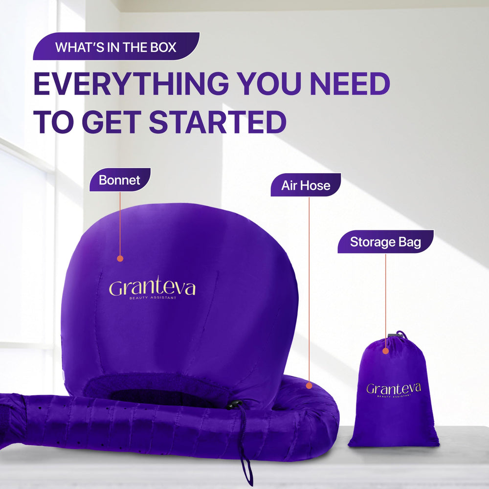 Granteva bonnet-dryer-attachment time-saving design with hands-free drying demonstrated in morning routine.
