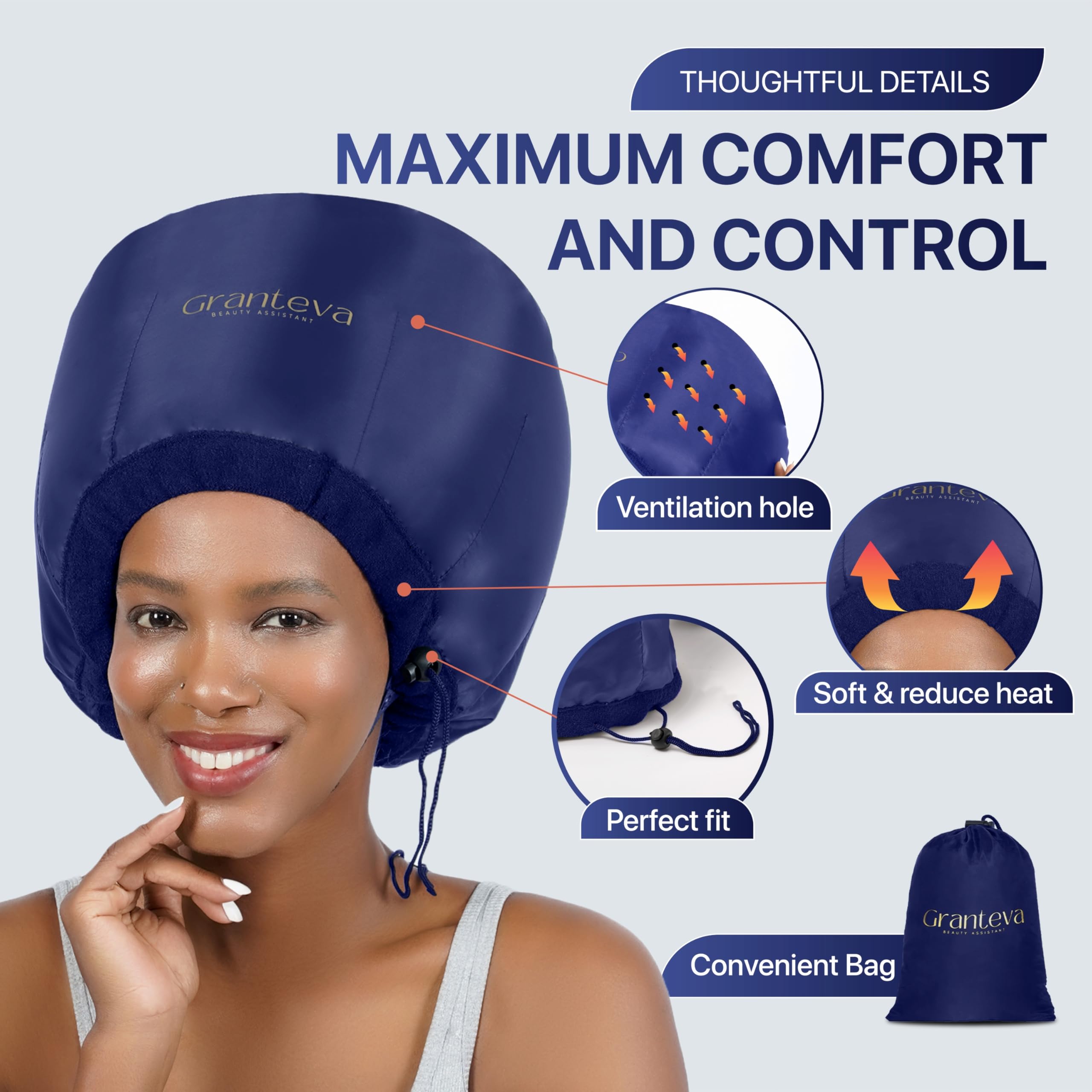 Granteva bonnet with integrated headband shown for comfortable extended drying.