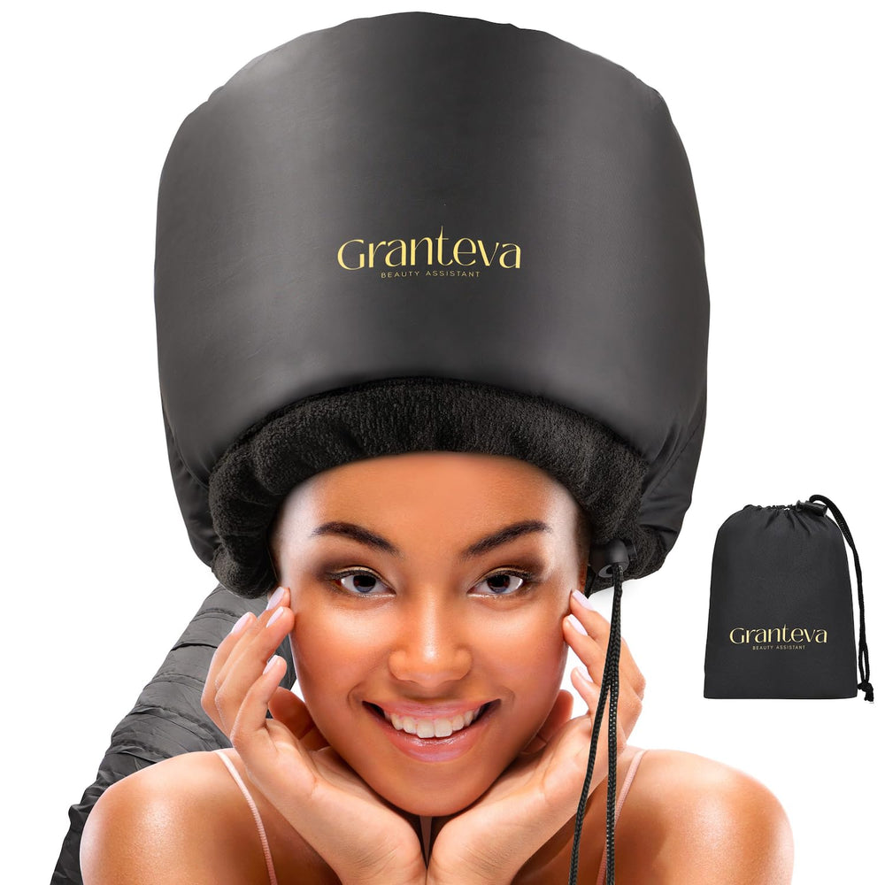 Granteva hooded dryer attachment with integrated headband reduces heat around ears for comfortable sessions.