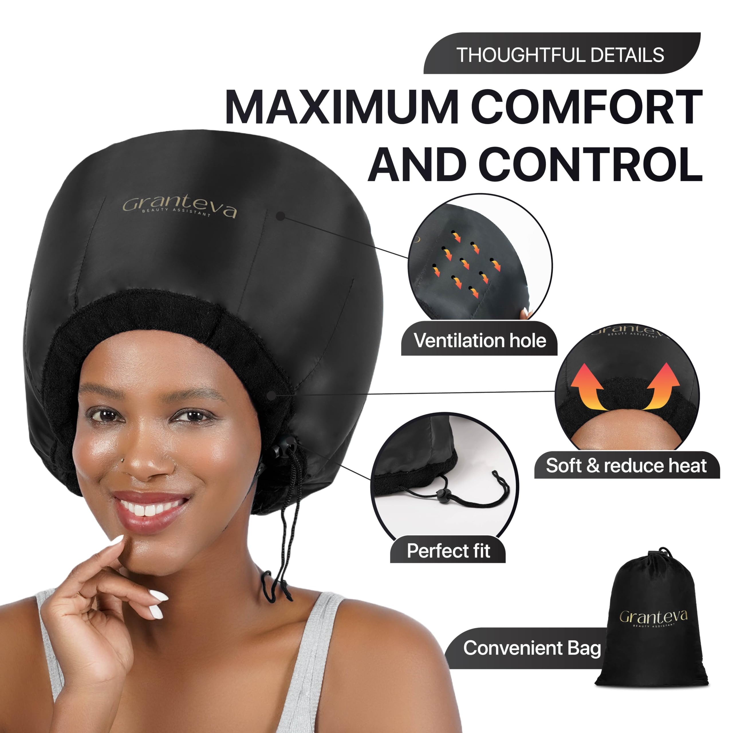 Granteva hooded attachment with integrated headband supports longer, soothing deep conditioning at home.