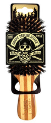 Grave Before Shave beard brush with bamboo-handle view promotes even oil distribution for healthier looking beard.