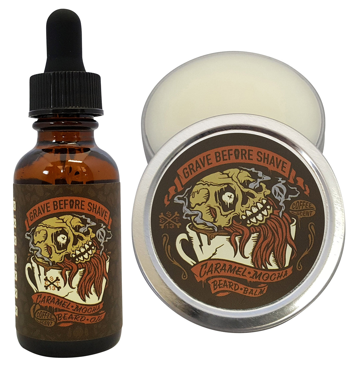 Grave Before Shave Caramel Mocha Beard Balm tin for smooth, controlled beard texture.