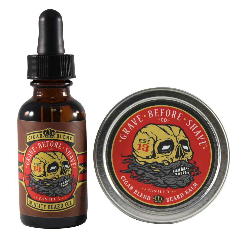 Grave Before Shave Cigar Blend beard balm tin for deeply conditioned facial hair.