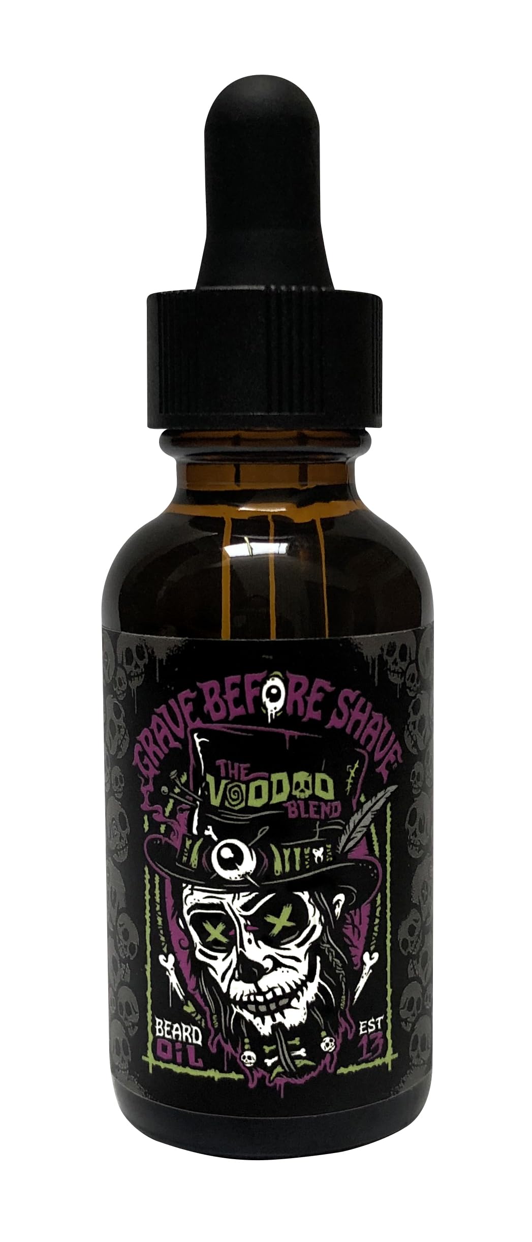 Grave Before Shave Voodoo Blend bottle illustrates nourishing formula for healthy beard growth.