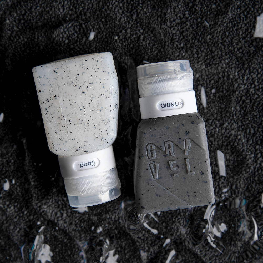 Gravel clear body 3oz bottles showing visible liquid and label tabs for quick identification
