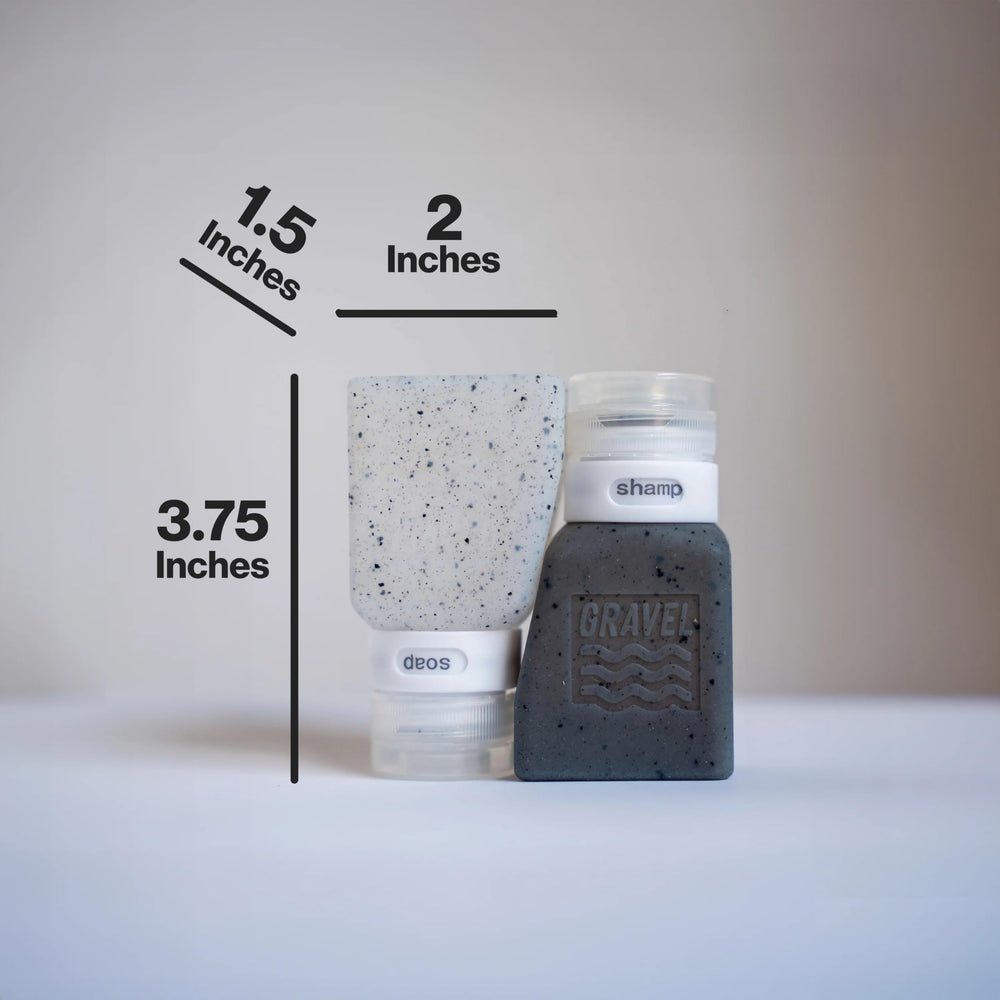Gravel label system travel bottles shows adjustable labels for shampoo, conditioner, and lotion