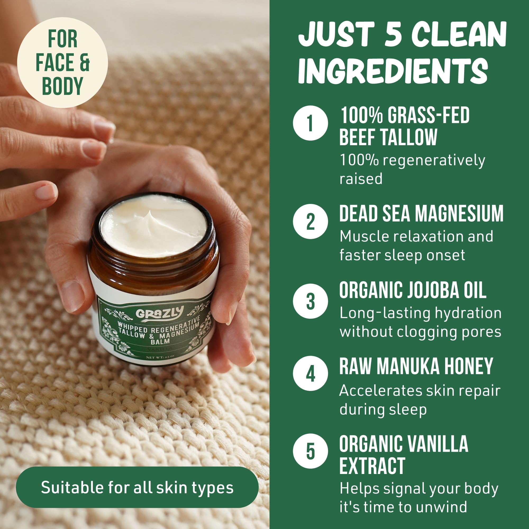 Grazly beef-tallow ingredients visual emphasizes four clean ingredients for gentle hydration.
