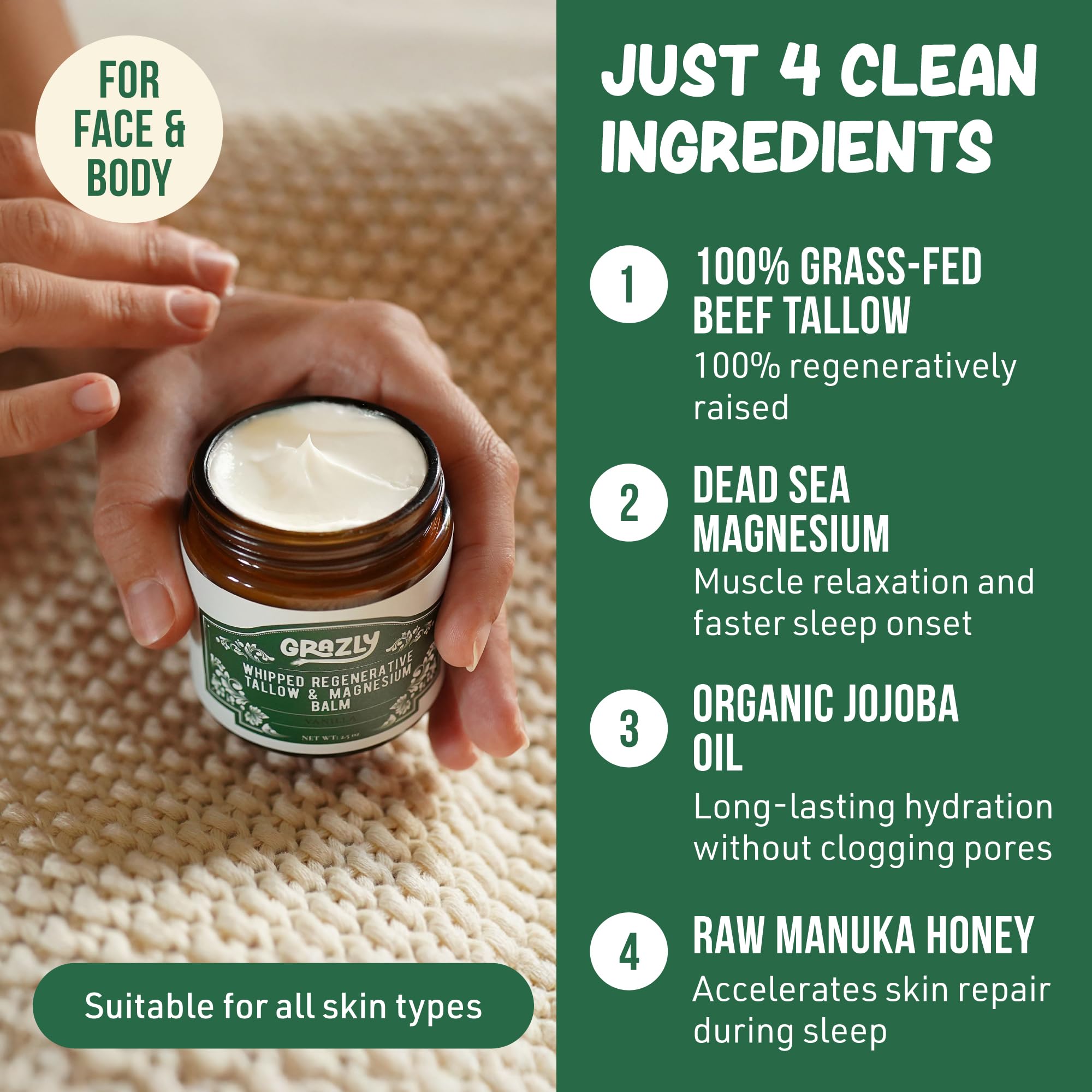 Grazly Dead Sea Magnesium Flakes closeup hints mineral-rich skin support.