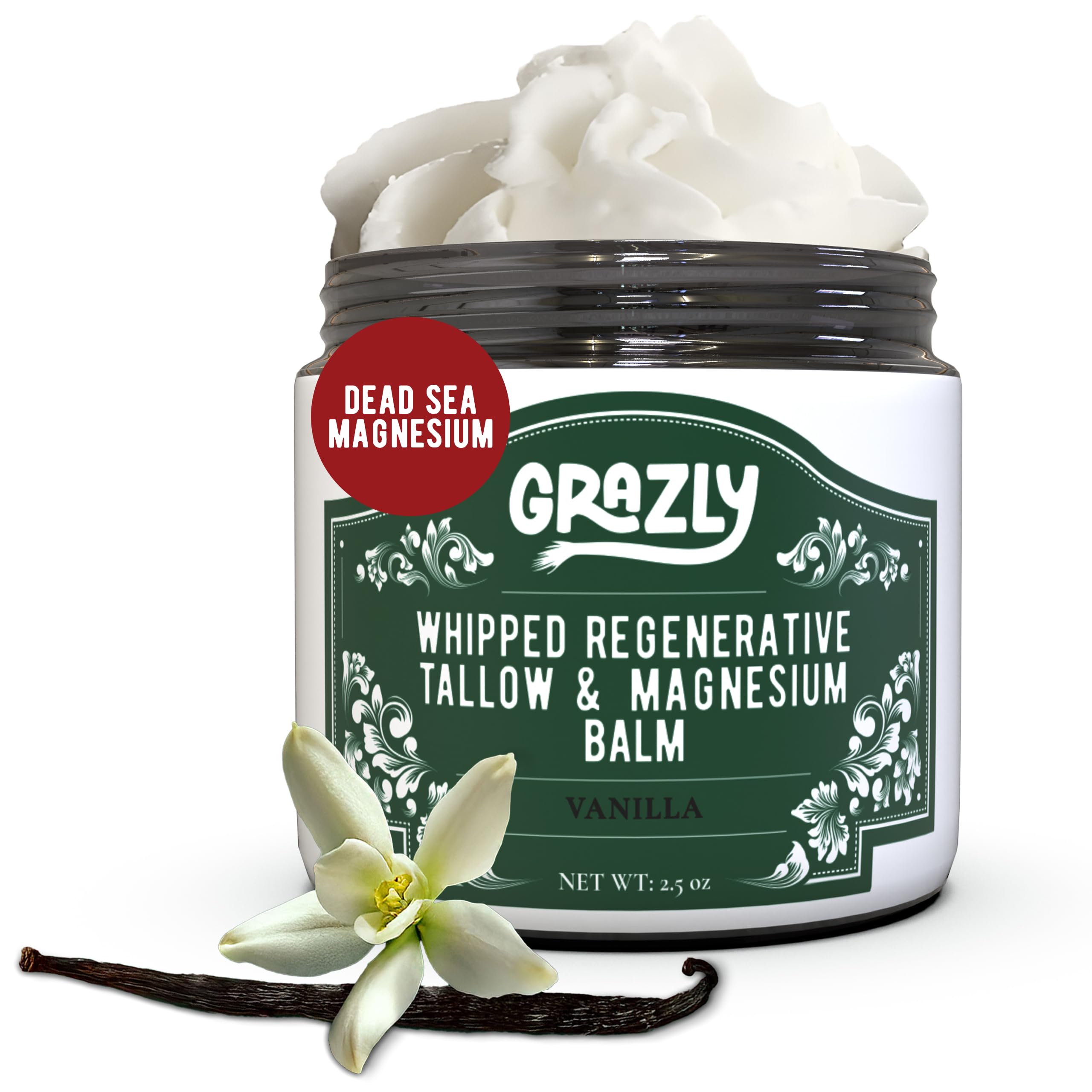 Grazly whipped-beef-tallow jar closeup showing rich moisture for dry skin.