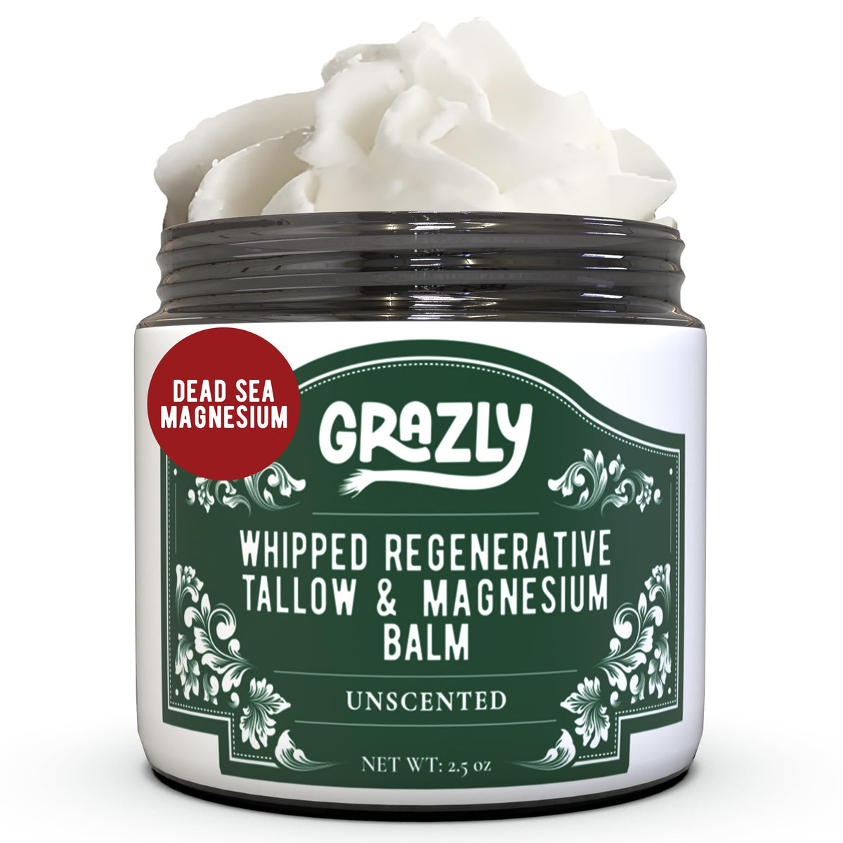 Grazly Whipped Beef Tallow Jar unscented, airy texture for daily moisture.